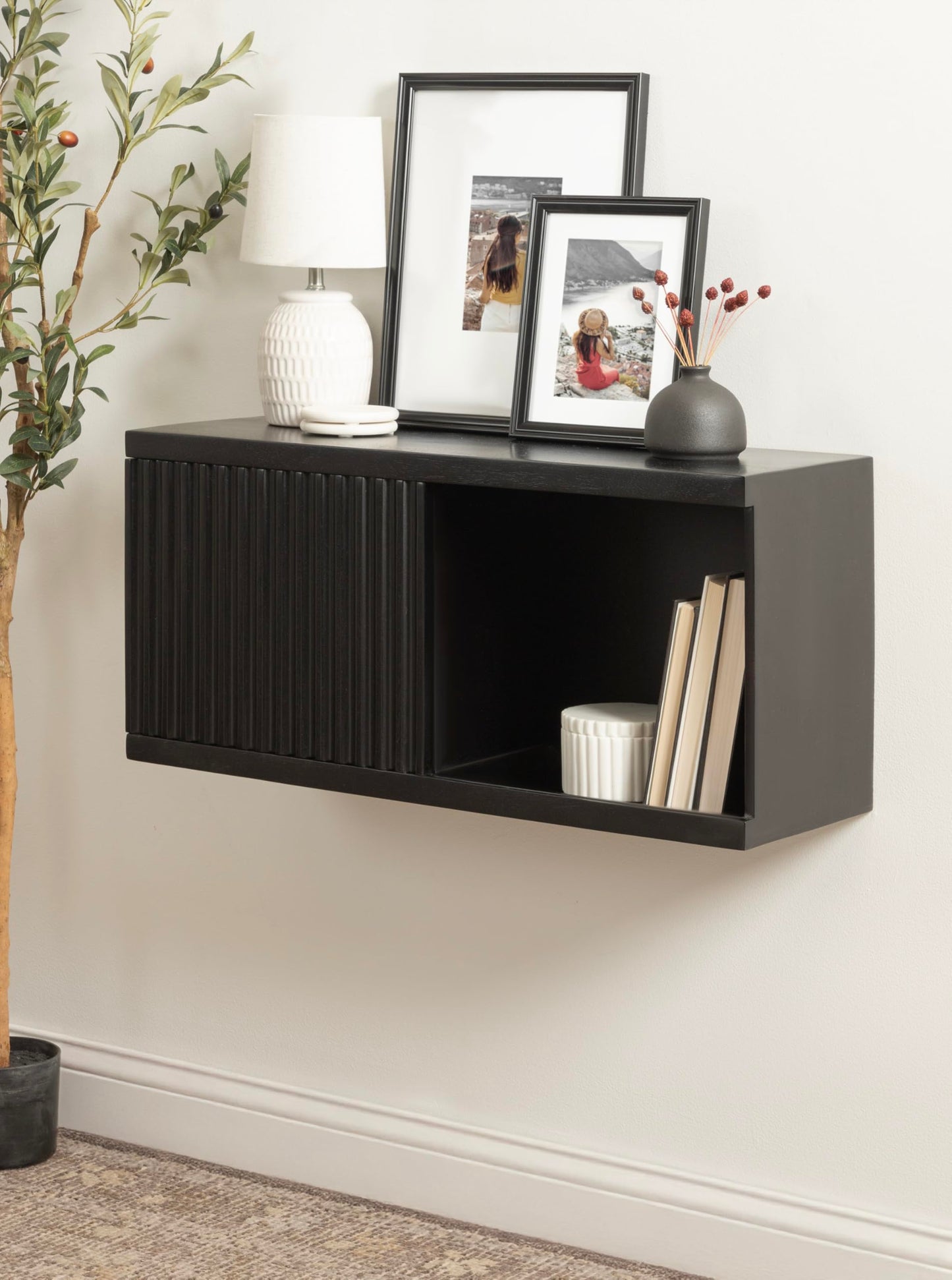 Kate and Laurel Furrow Modern Wooden Sliding Ribbed Door Wall Cabinet; 30 x 10 x 14; Black; Decorative Storage Cabinet with Sliding Door for Use as Floating Nightstand or Floating TV Shelf