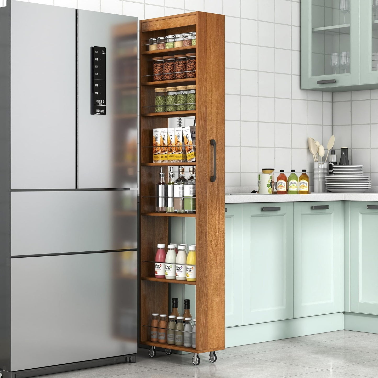 KEIKI 7 Tier Pull-Out Kitchen Pantry Storage Cabinet, Multi-Tier Single-Sided Open Shelf, Spice Rack Next to Fridge, Wood Hutch Food Pantries Cupboard for Coffee Bar, Dining Room, Narrow Spaces