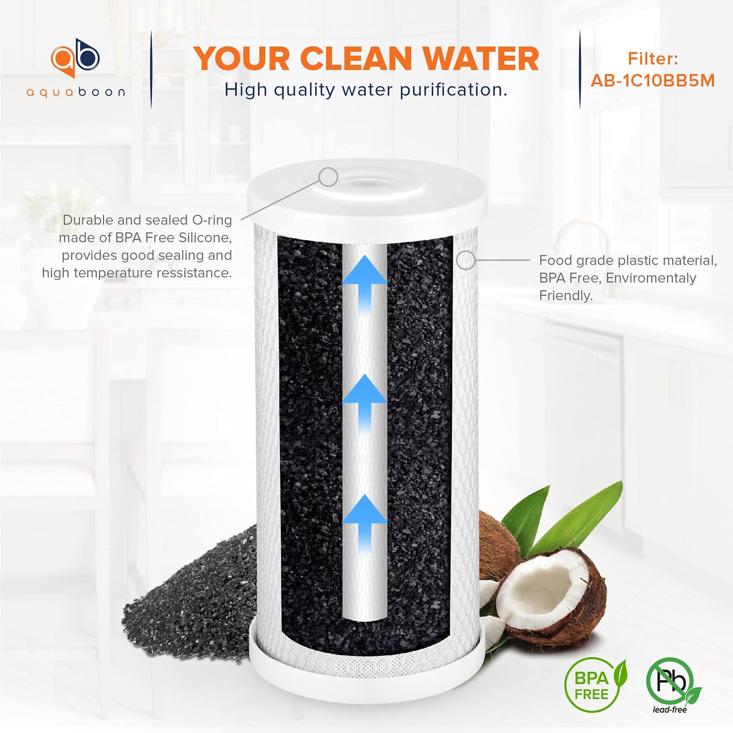 Aquaboon 5 Micron 10x4.5 Carbon Block Water Filters Whole House CTO Water Filter Replacement Cartridge Compatible with FXHTC, CB-BB-10, EP-BB, 12-Pack