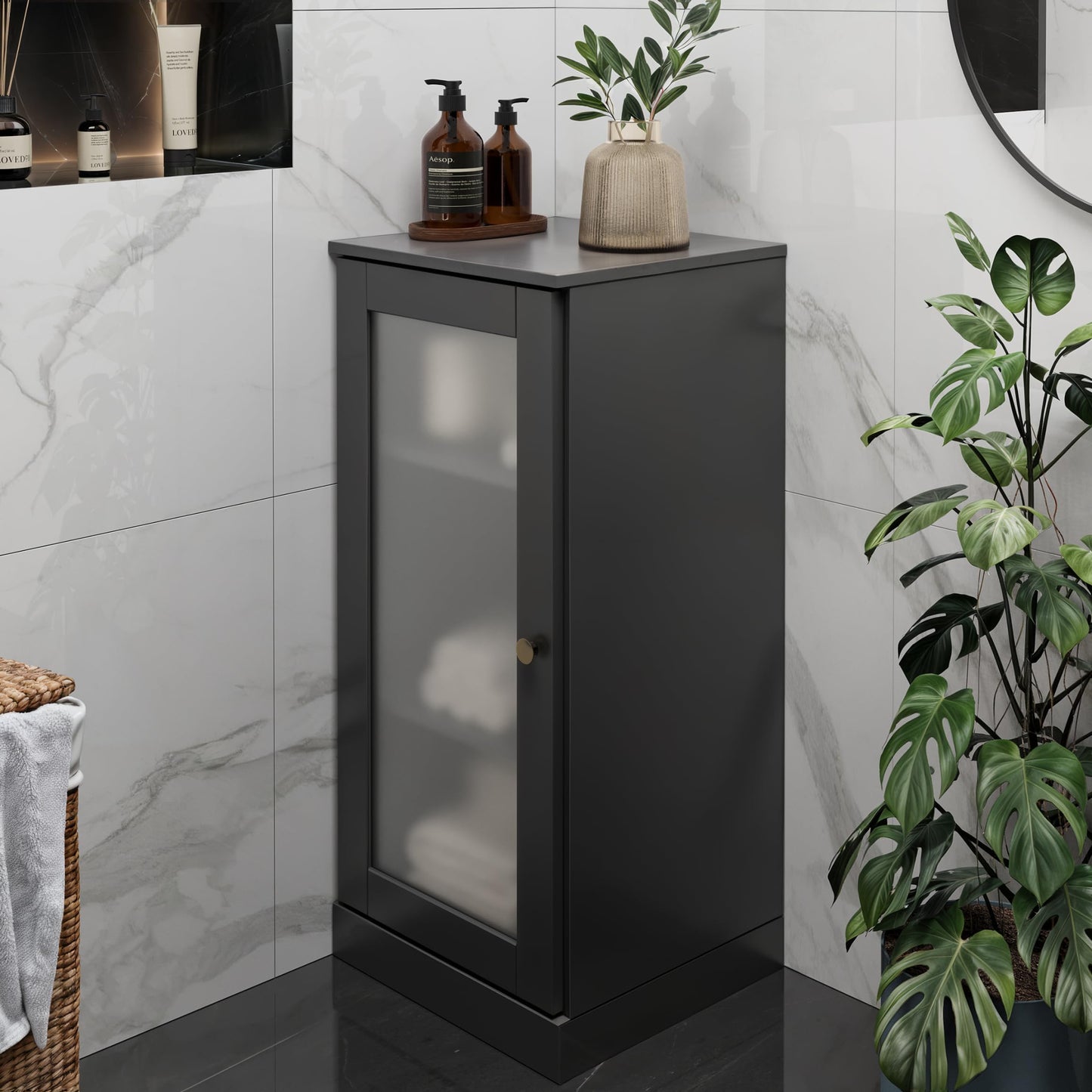 Palace Imports 100% Solid Wood Bathroom Cabinet, Frosted Door, Black, 16.5" w x 35.75" h x 15.5" d, Renewable Eco-Friendly Wood, Made in Brazil