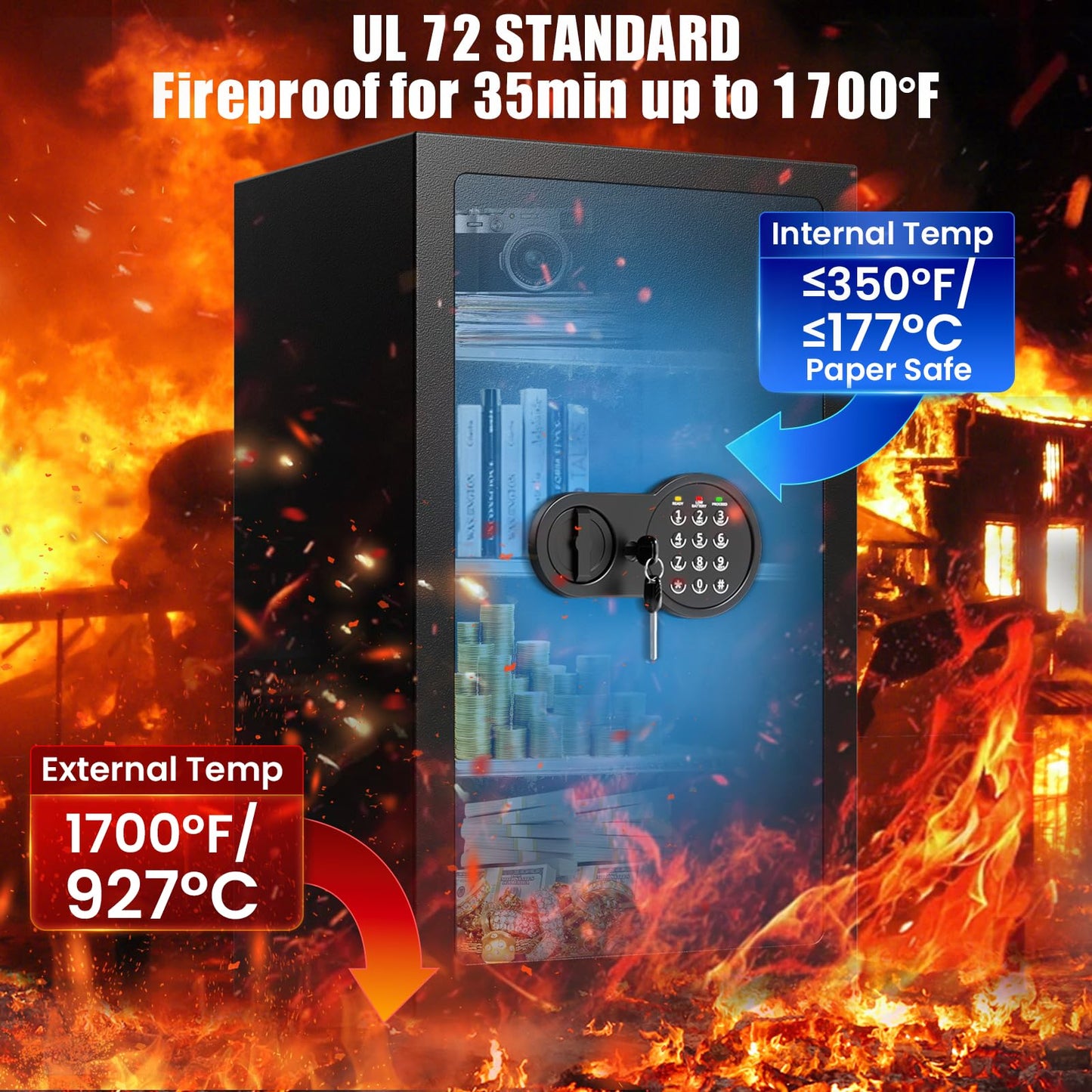 [35Min] Fireproof Safe, 7.0 Cubic Feet Home Safe Box with 3-Removable Shelf, Fire Safe with Digital Keypad, Smart Alarm and Silent Mode, Fire Proof Safe for Home Documents and Office