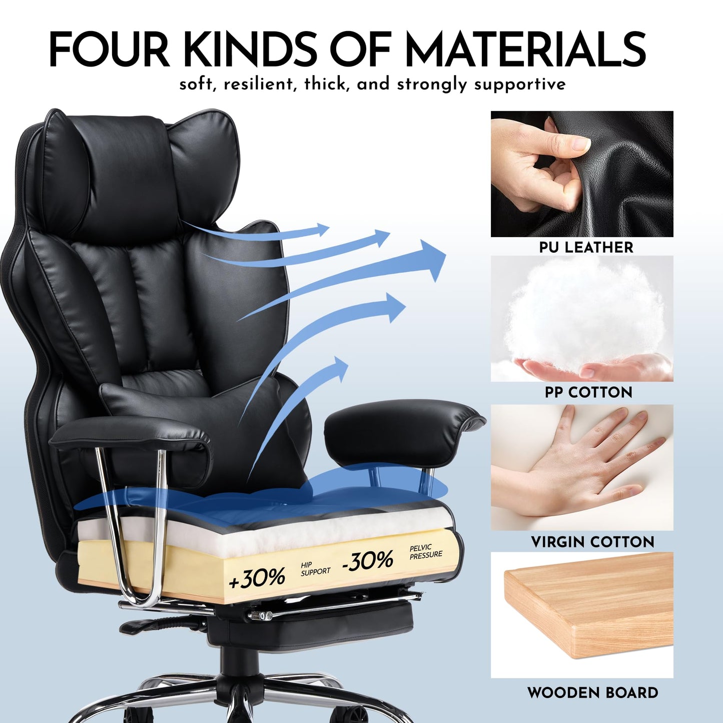 Efomao Big and Tall Office Chair 400lbs, Executive PU Leather Desk Chair with Footrest & Lumbar Support, Heavy Duty Computer Seating for Home, Black