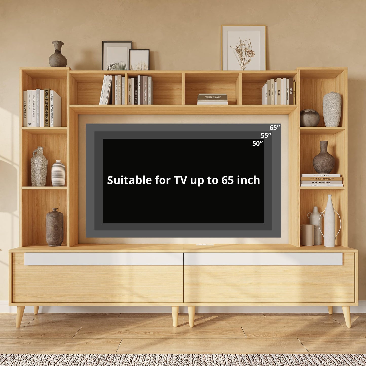 LIKIMIO 86.6" W Wall Unit Entertainment Center for TVs up to 65 inches, Large TV Stand with Bookshelves, Built-in Power Outlet, 10 Open Shelves & 2 Drawers, Wood Media Center for Living Room