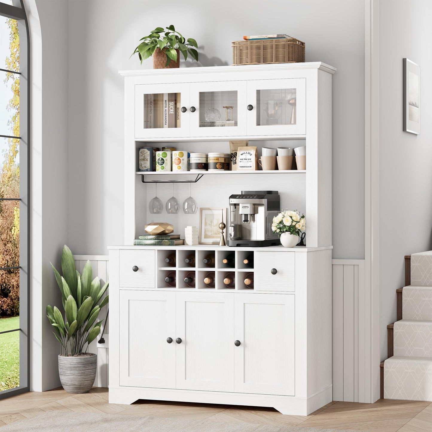 68.7 " Pantry Cabinet with LED Light and Charging Station, Kitchen Pantry Storage Cabinet with Countertop, Large Kitchen Hutch with Wine Rack & Adjustable Shelves for Dining Room, Living Room