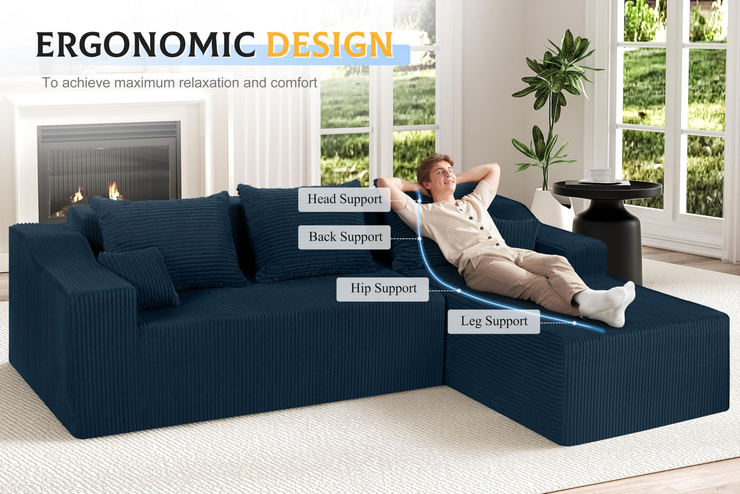 HABUTWAY 105" Modular Sectional Couches for Living Room, Boneless Couch with L-Shape Chaise,Comfy Sofa Living Room Sofas with Deep Seat,No Assembly, Corduroy Fabric(Blue,Right)