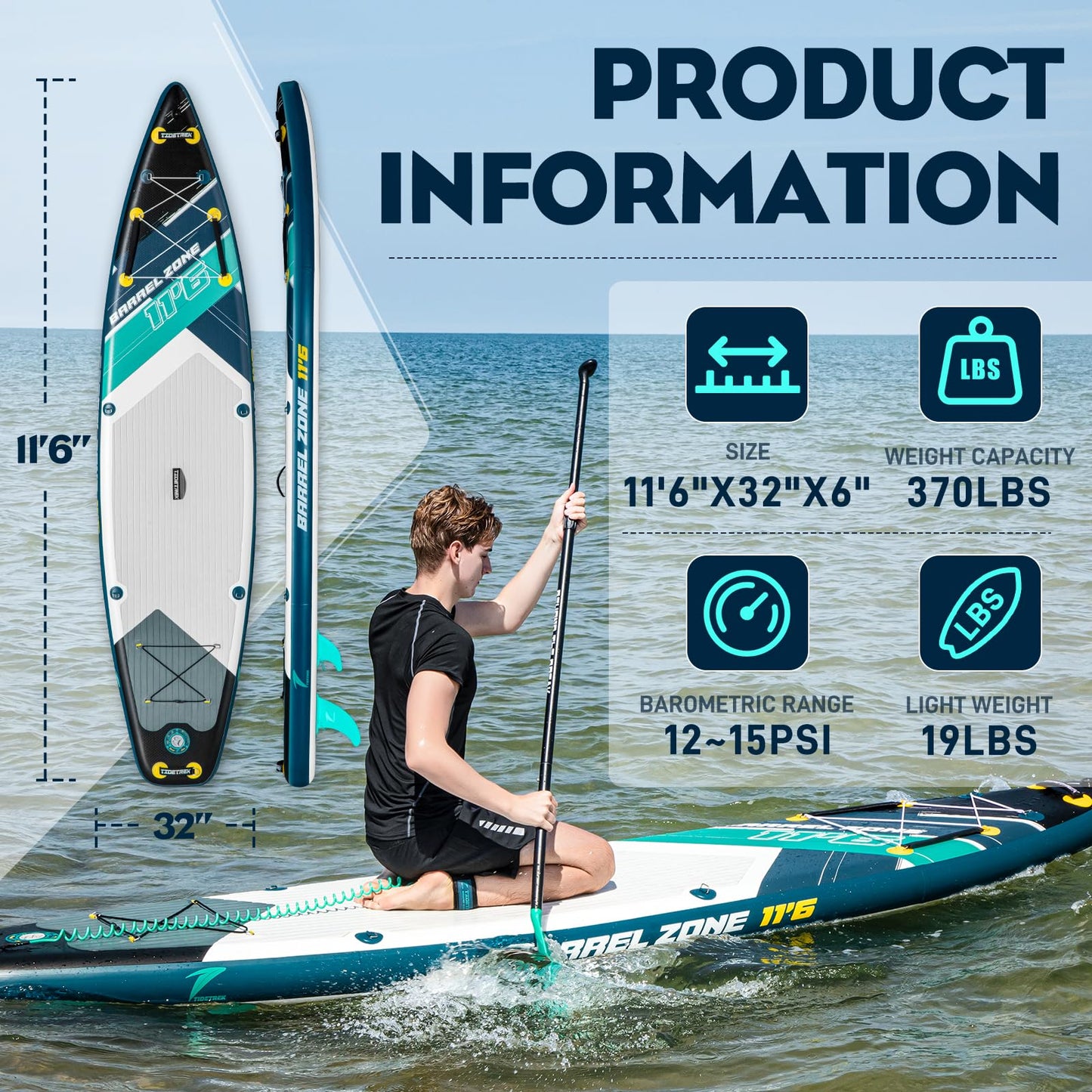 TIDETREK 11'6" Inflatable Stand Up Paddle Boards, Premium SUP Accessories, Non-Slip Comfort Deck for Youth & Adults (Midnight Tide)
