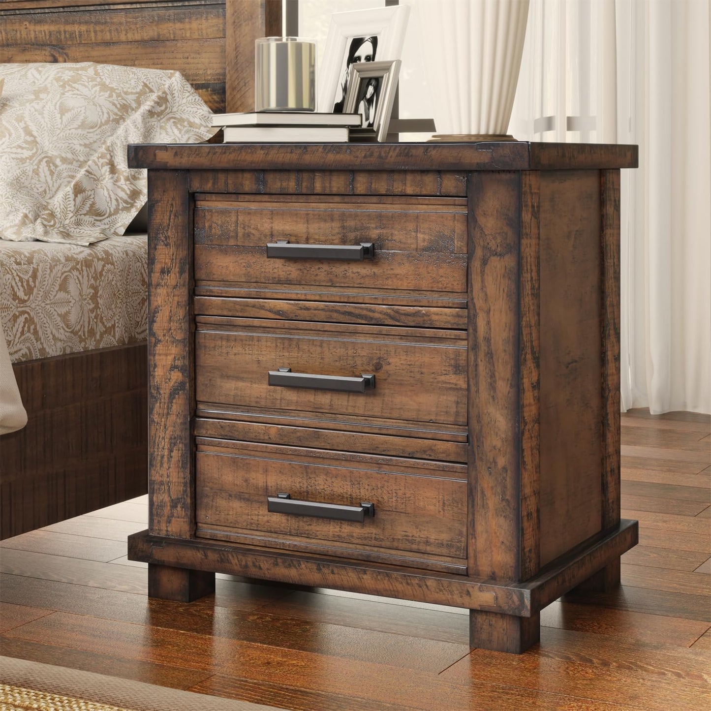 Henf Rustic Brown Nightstand with 3 Drawers,Full Assembly Storage Wood Cabinet with Metal Handle,Drawer Chest End Table for Living Room, Bedside Table Organizer with Solid Wood Frame for Bedroom