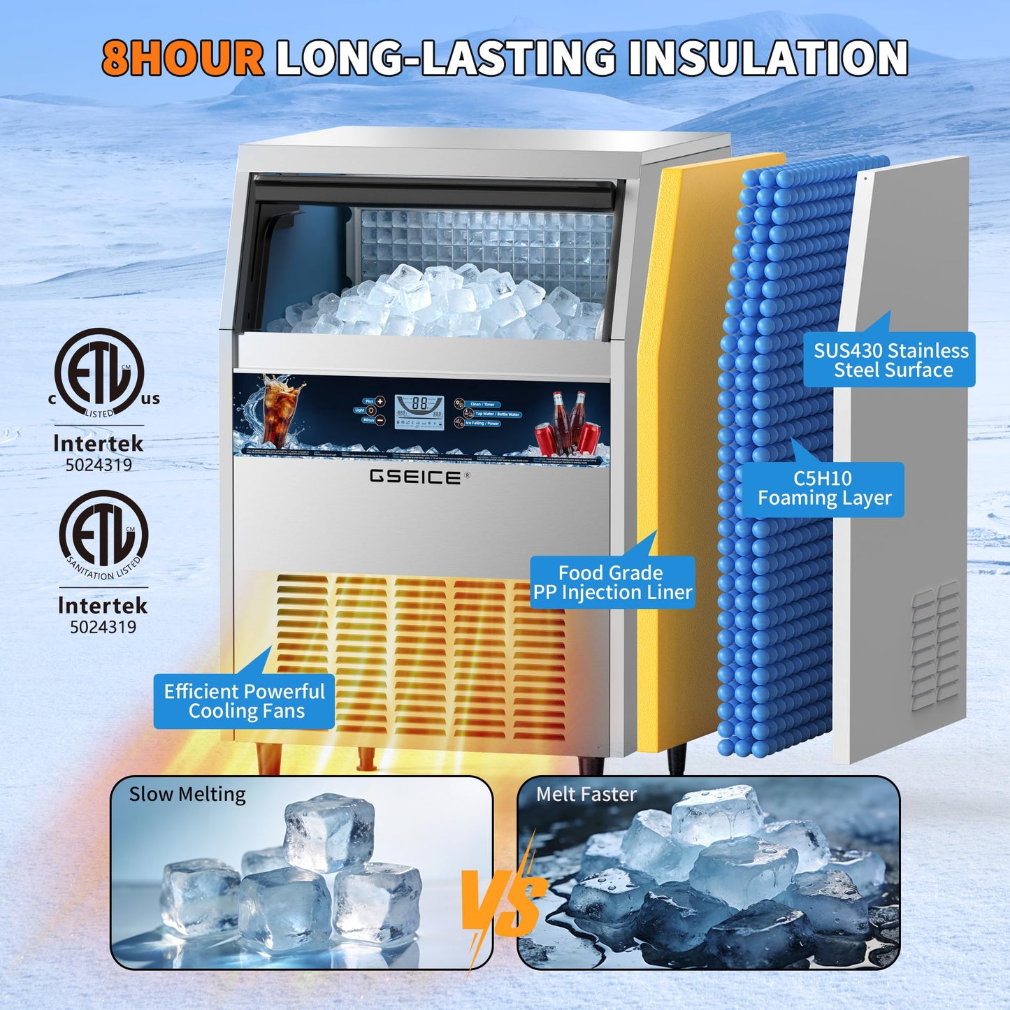 Commercial Ice Maker Machine, 300 lbs/24h with 70 lbs Storage, 126 Ice Cubes in 15 Mins, ETL FCC, Under Counter Ice Maker with LED Display, 24H Timer, Smart Reminder, for Cafe Bar Restaurant