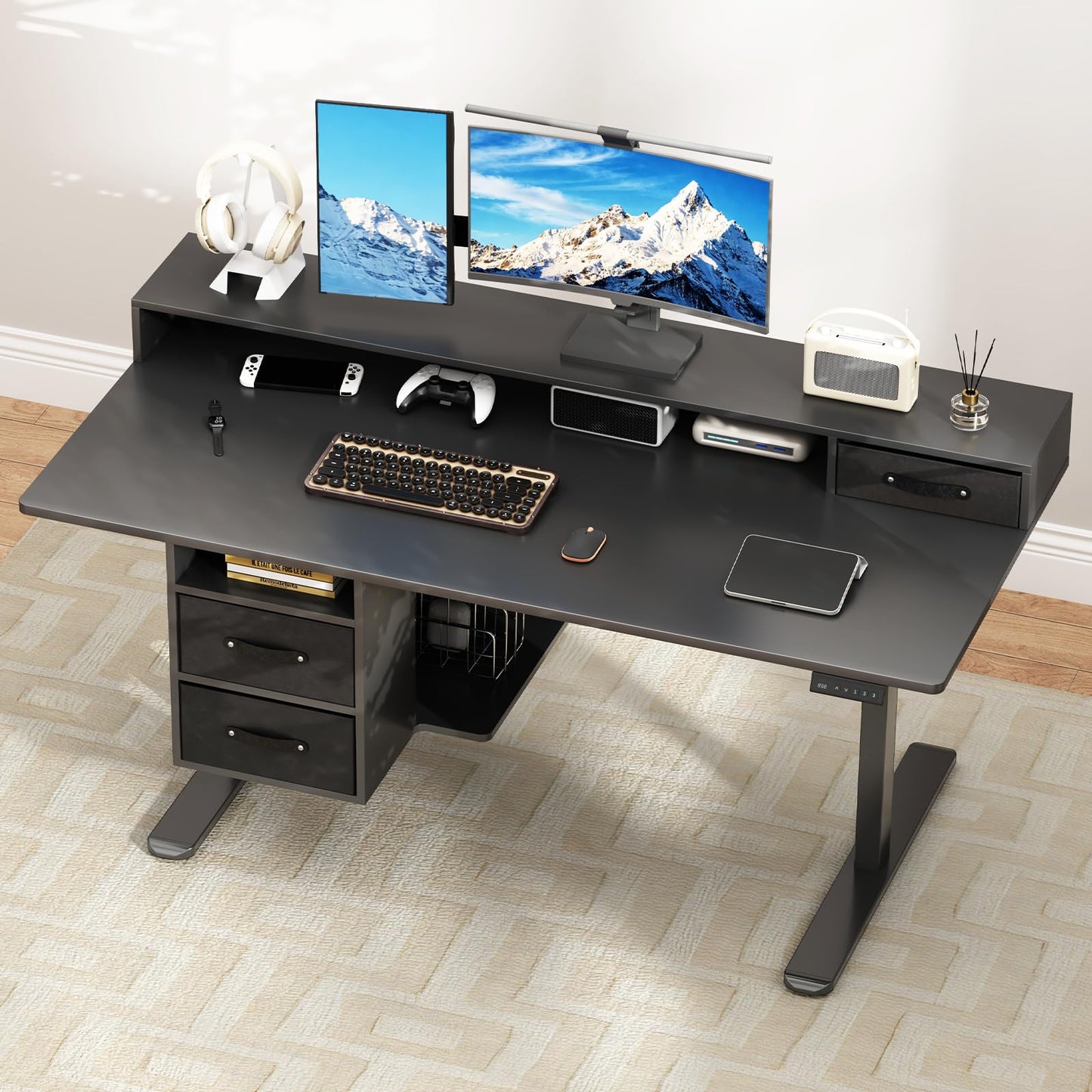 63x24 Inches Standing Desk with Drawers, Electric Computer Desk with Open Storage Shelf, Stand Up Desk, Adjustable Height 28-46 Inches for Home and Computer Workstation, Black