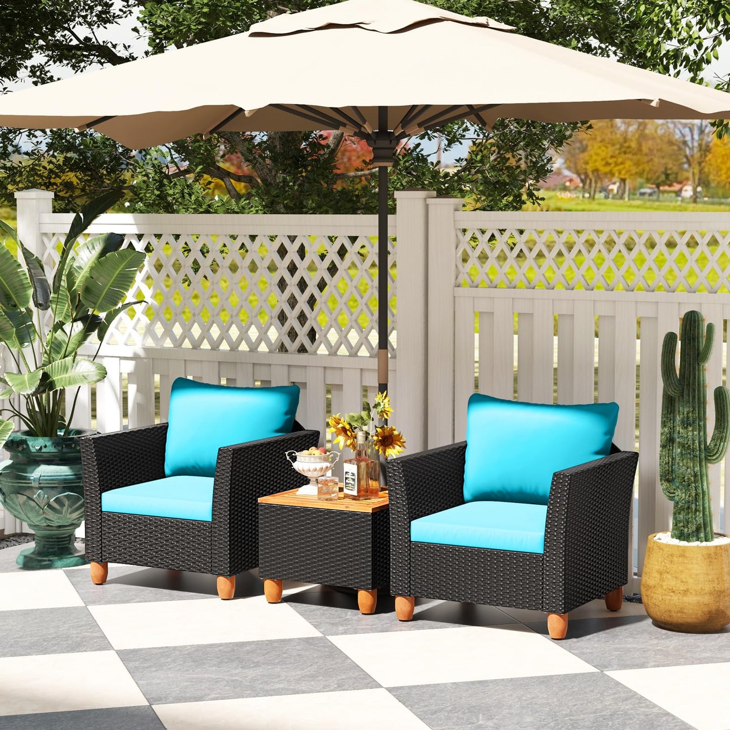 Tangkula 3 Pieces Patio Porch Furniture Set, PE Rattan Wicker Chair Conversation Set with Cushions and Storage Table, Outdoor Acacia Wood Bistro Set for Garden, Poolside (Turquoise)