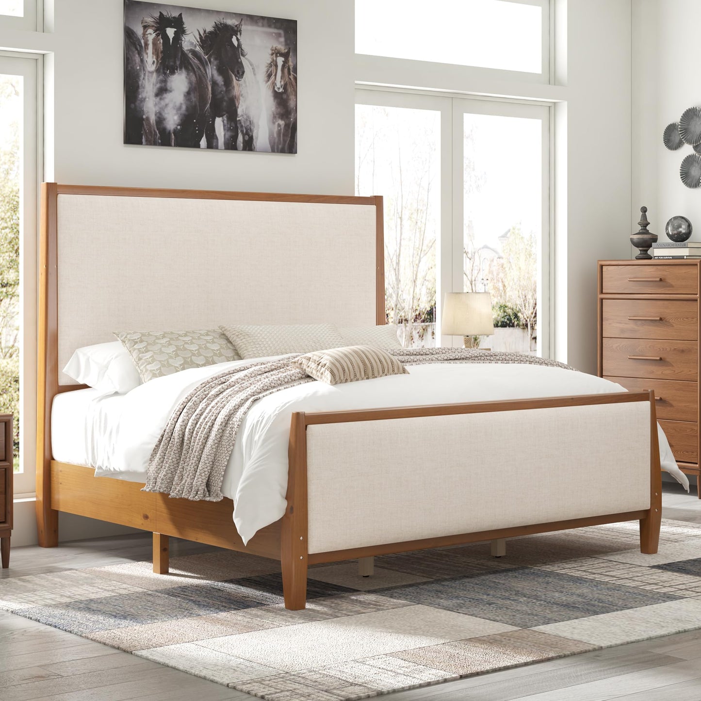 Jocisland 58" Tall Solid Wood King Size Bed Frame with Upholstered Headboard & Footboard, Wooden Platform Bedframe, No Box Spring Needed, Easy Assembly, Modern Farmhouse Style, Walnut