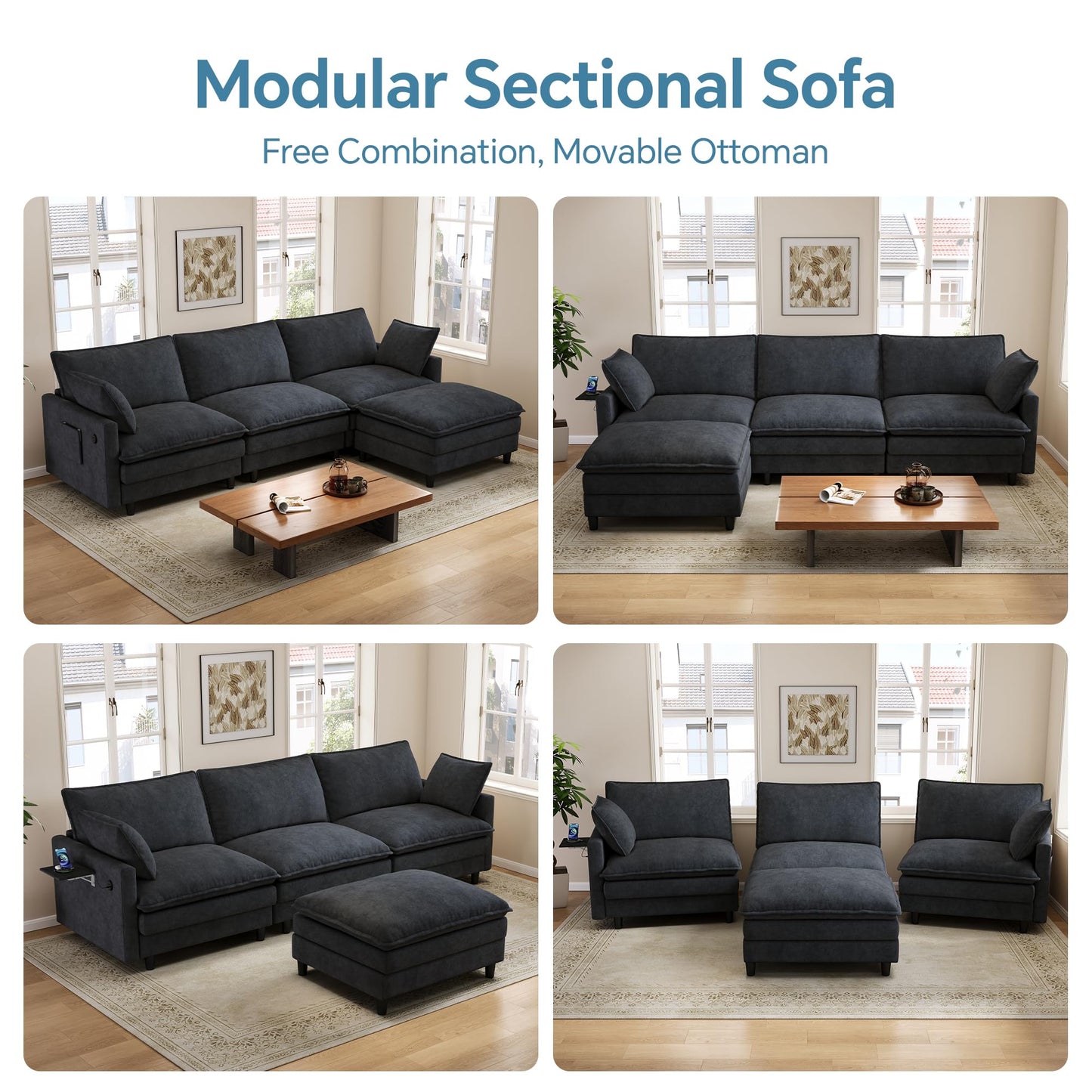 FAVSH 102'' L-Shaped Modular Sectional Sofa, 3-Seater Cloud Couch with Movable Ottoman, Deep Seat Chenille Upholstery, USB & Type-C Charging, Foldable Side Table for Living Room Apartment, Dark Gray