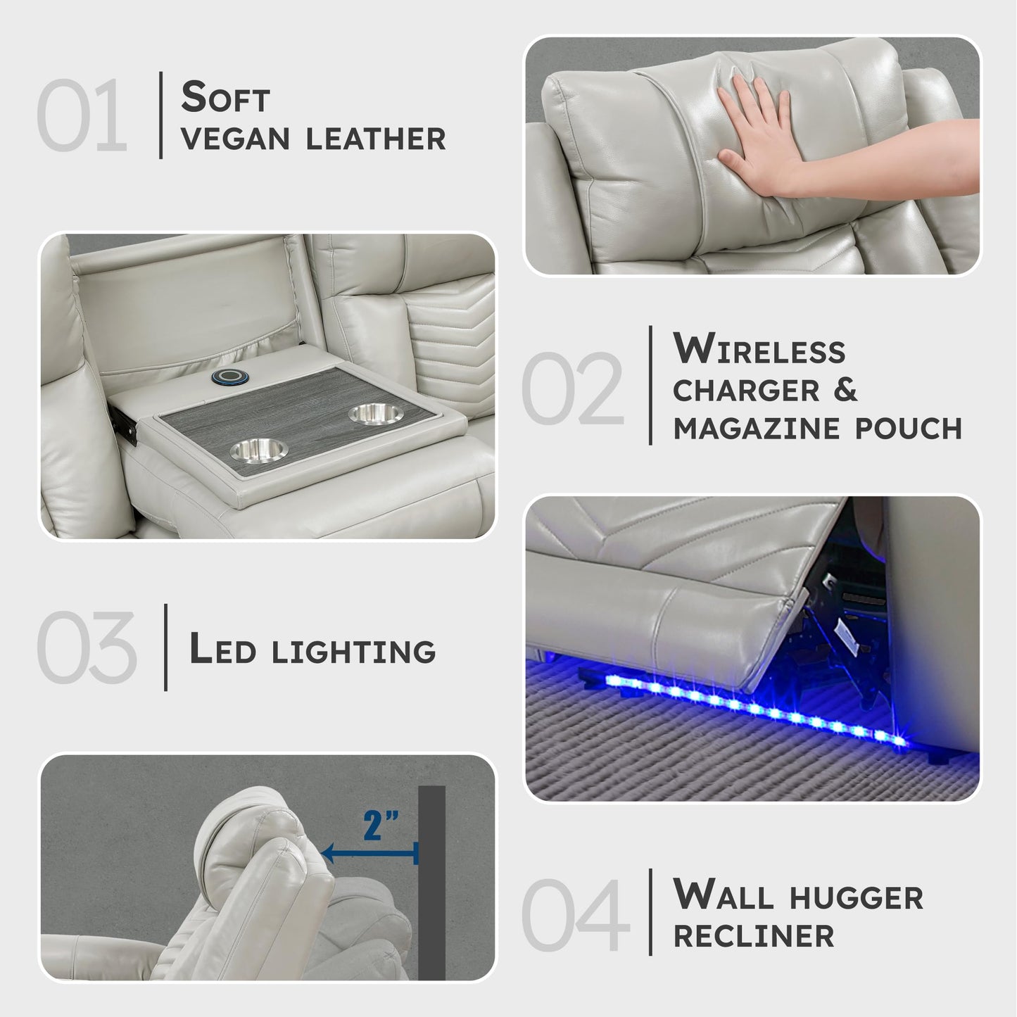 Lexicon Wall Hugger Power Double Reclining Sofa with Center Drop-Down Table, Faux Leather Home Theater Seating with LED Lighting/USB Charging Ports/Wireless Charger/Cup Holders, Magazine Pocket, Gray