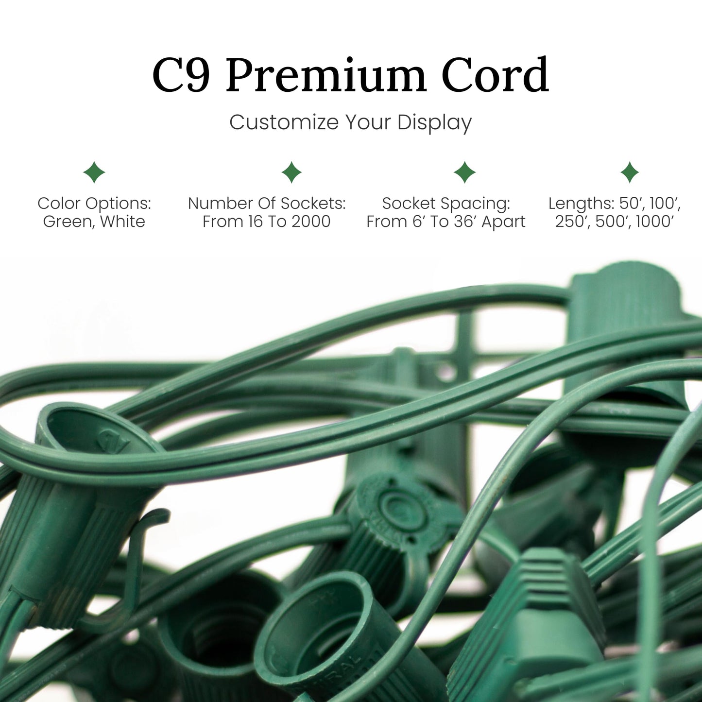 Christmas Designers Pro Christmas C9 Light Cord, 50 ft, 40 Bulb Sockets, 15in Spacing, Green Wire, Outdoor Holiday Decor