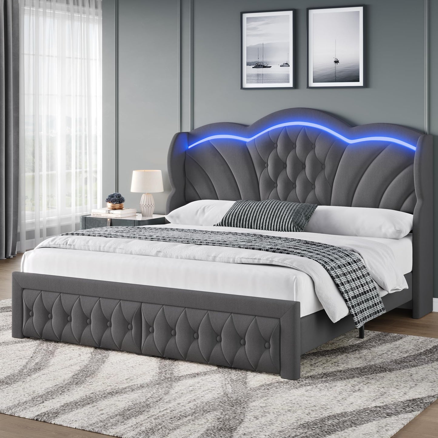 Keyluv Queen Bed Frame with LED Lights and 2 Storage Drawers, Velvet Upholstered Platform with 47" Tall Arc-Shaped Wingback Headboard and Button Tufted Design, No Box Spring Needed, Noise-Free, Gray