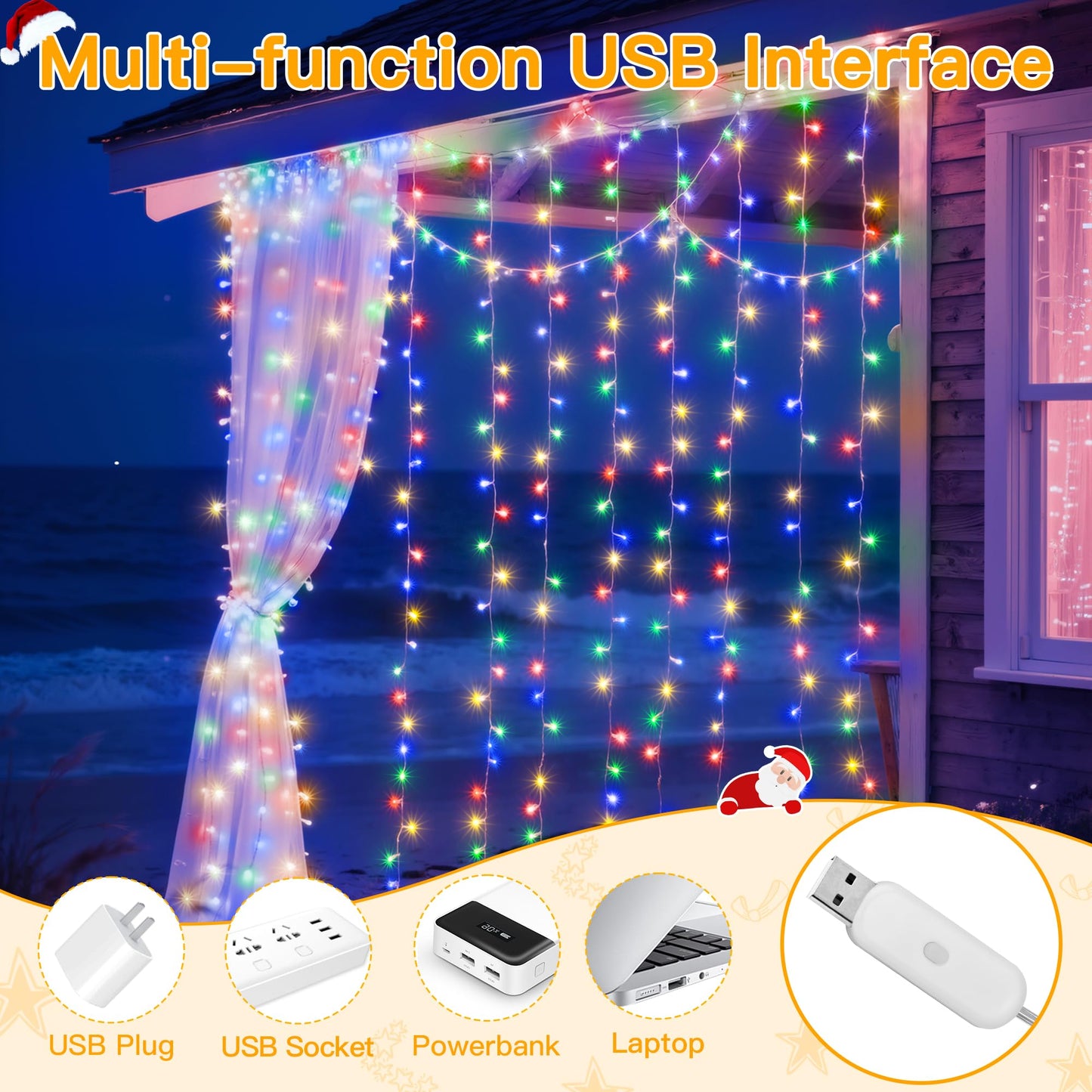 Ollny Curtain Lights 200LED Multicolor Indoor Outdoor USB String Lights with Remote, 6.6x6.6ft Waterproof Timer, Model B07FTB4YXS