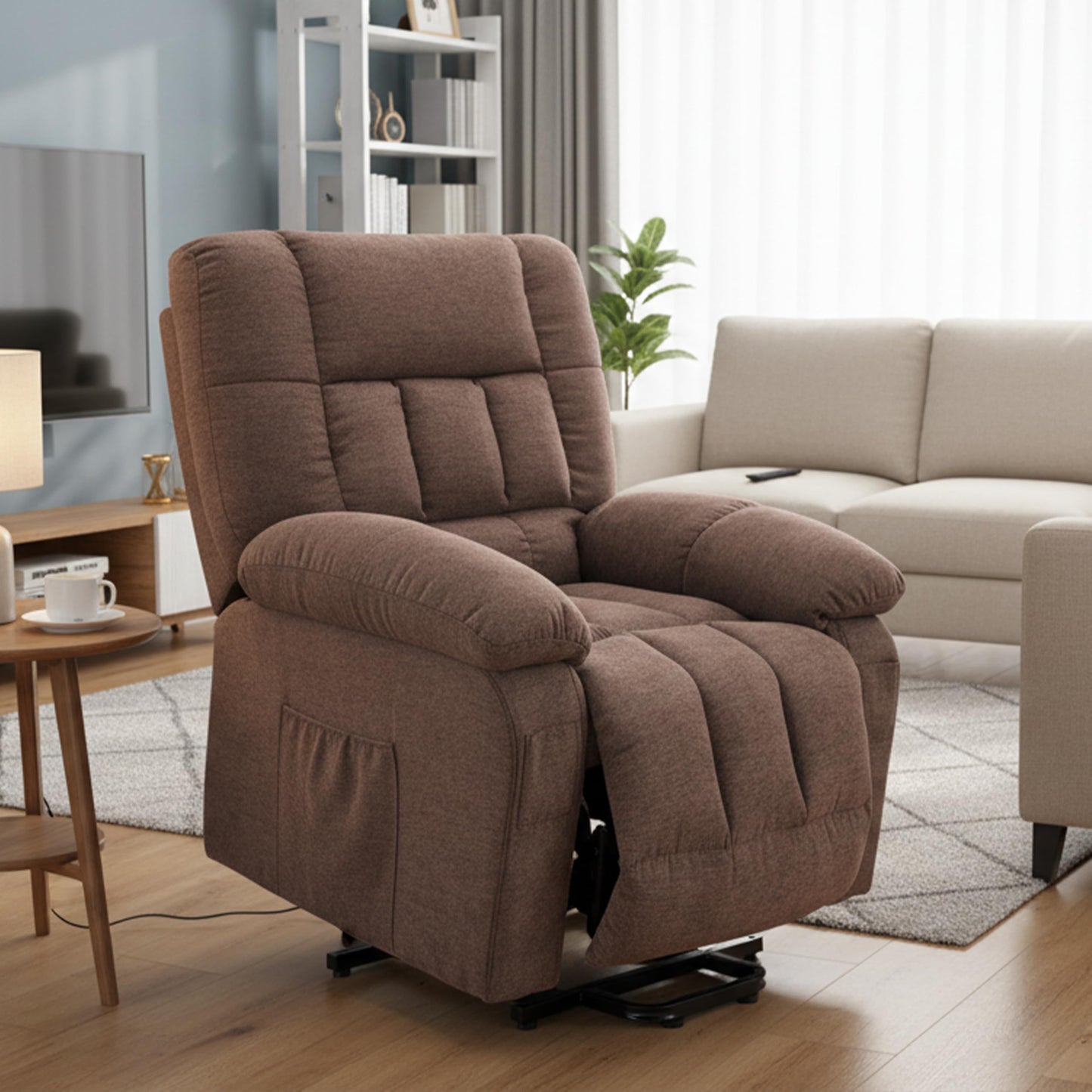 HealSmart Power Lift Recliner Chair with Massage & Heat, Overstuffed Fabric Reclining Chair with Remote, Side Pockets for Living Room & Bedroom, Brown