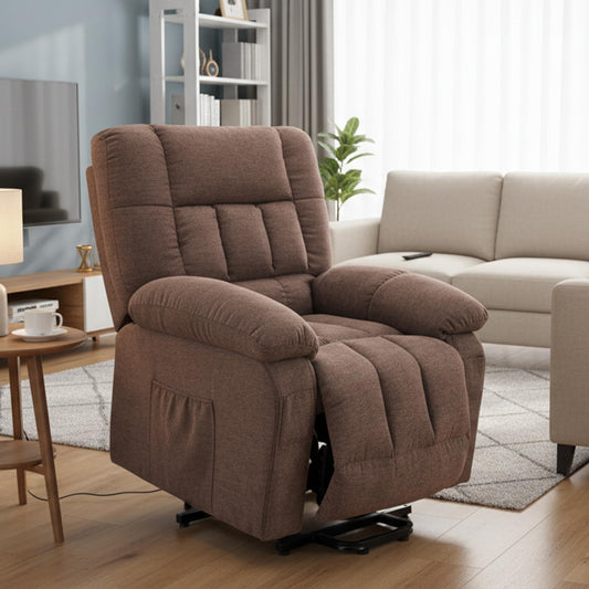 HealSmart Power Lift Recliner Chair with Massage & Heat, Overstuffed Fabric Reclining Chair with Remote, Side Pockets for Living Room & Bedroom, Brown