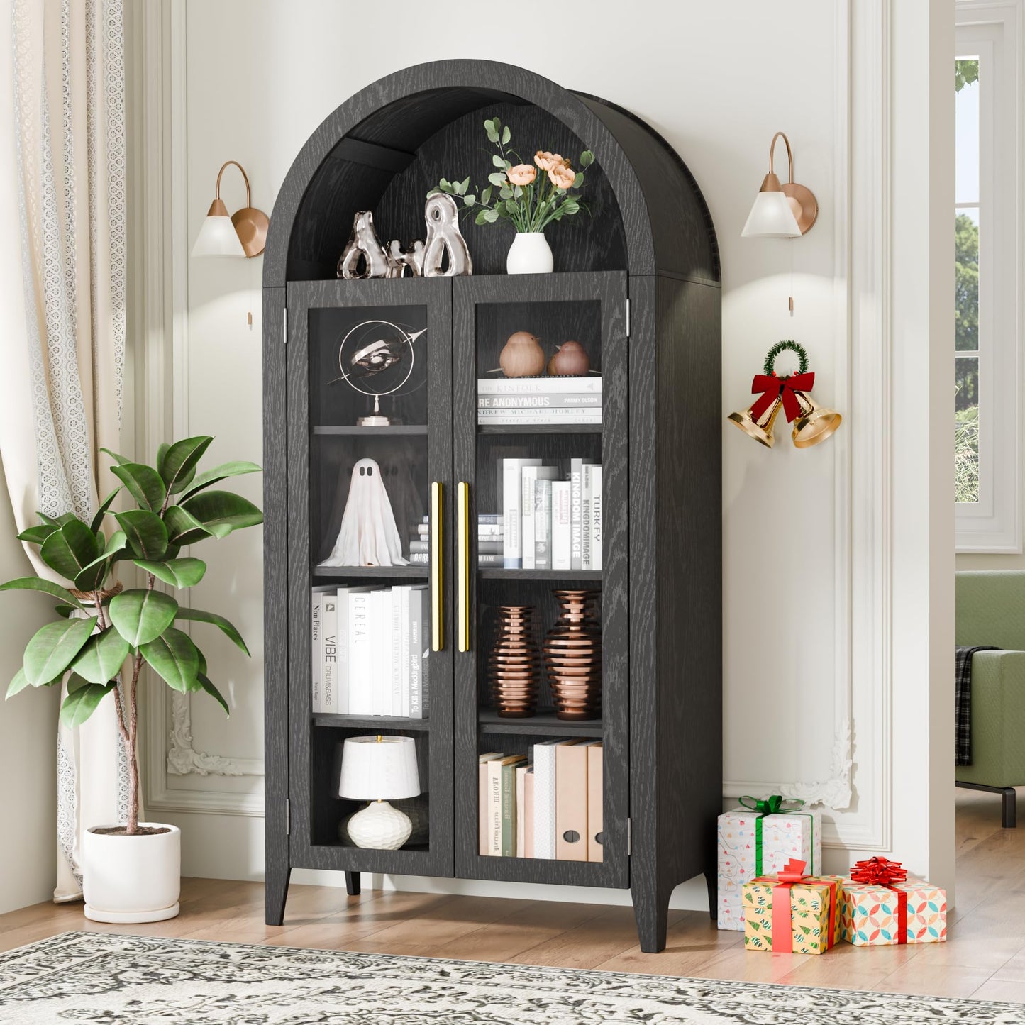 Trygoal 63" Arched Display Cabinet with Glass Doors, 5-Tier Curio Cabinet for Living Room, Arched Storage Cabinet with Adjustable Shelves for Dining Room & Home Office, Black