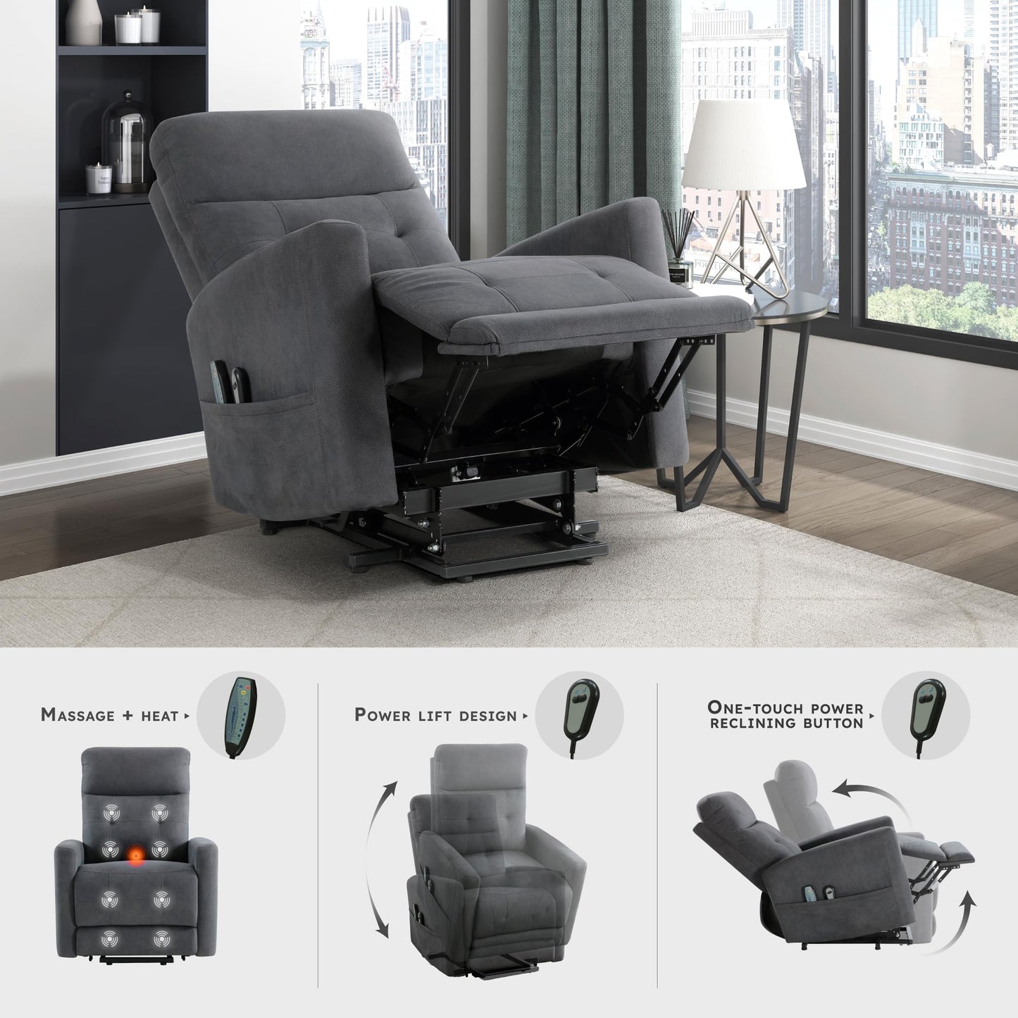 Lexicon Power Lift Recliner with Heat and Massage for Adults Elderly Ergonomic, Textured Microfiber Tufted Lounge Chair Classic Single Sofa Recliner with Side Pockets, Home Theater Seating, Dark Gray