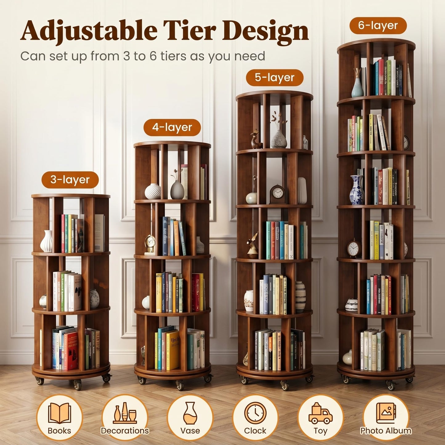 Rotating Bookshelf Tower on Wheels, Solid Rubber Wood Spinning, Round Bookcase with Lockable Casters, 360° Rolling, Book Shelf for Small Spaces, Corner, Home Office & Bedroom (6 Tier - Walnut)