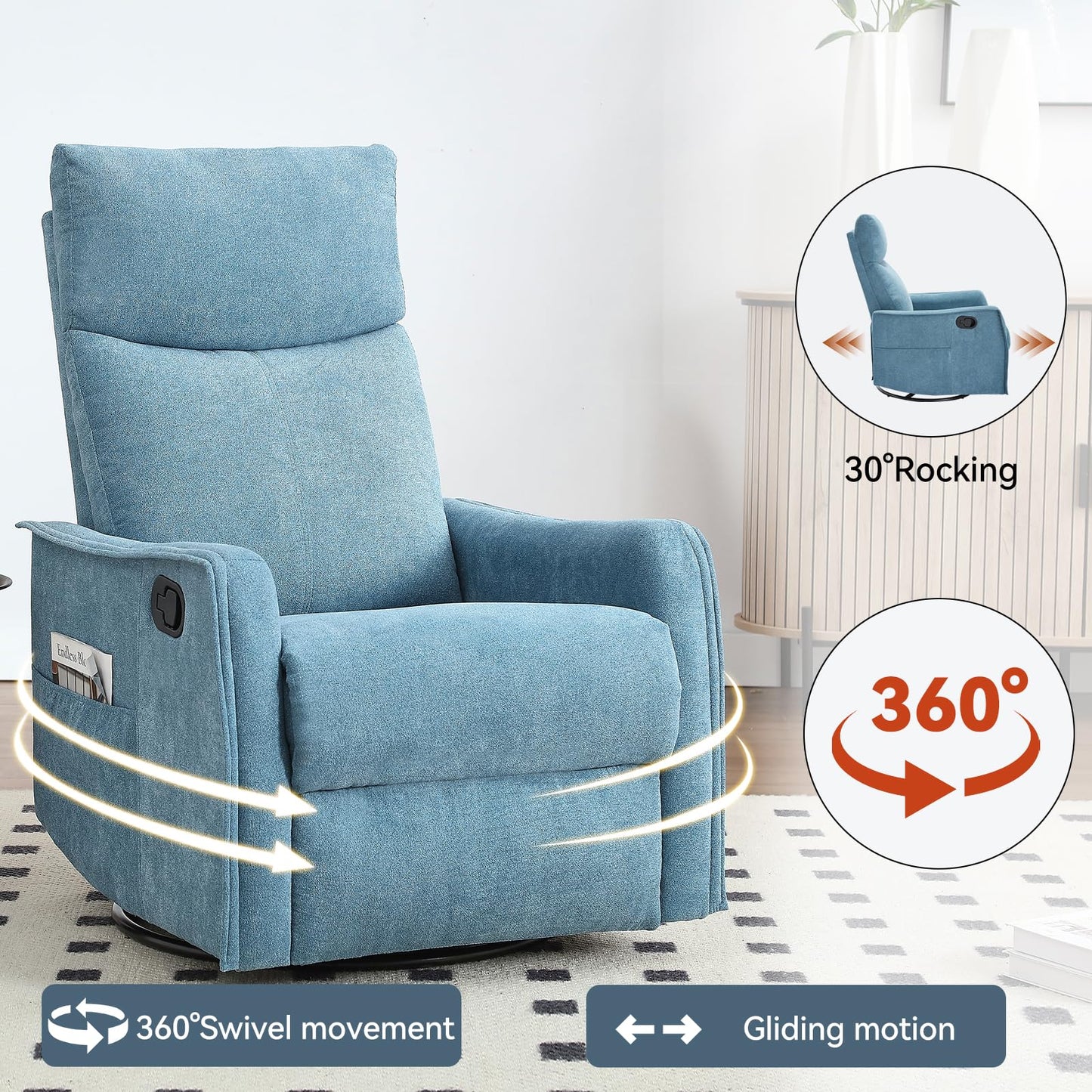 KEIKI 4-in-1 Manual Swivel Rocker Recliner Chair for Home Living Room, Polyester Chair with Back Massager & Heat, Home Theater Seating with Lumbar Support, 155 Perfect Angle Providing a Natural, Blue