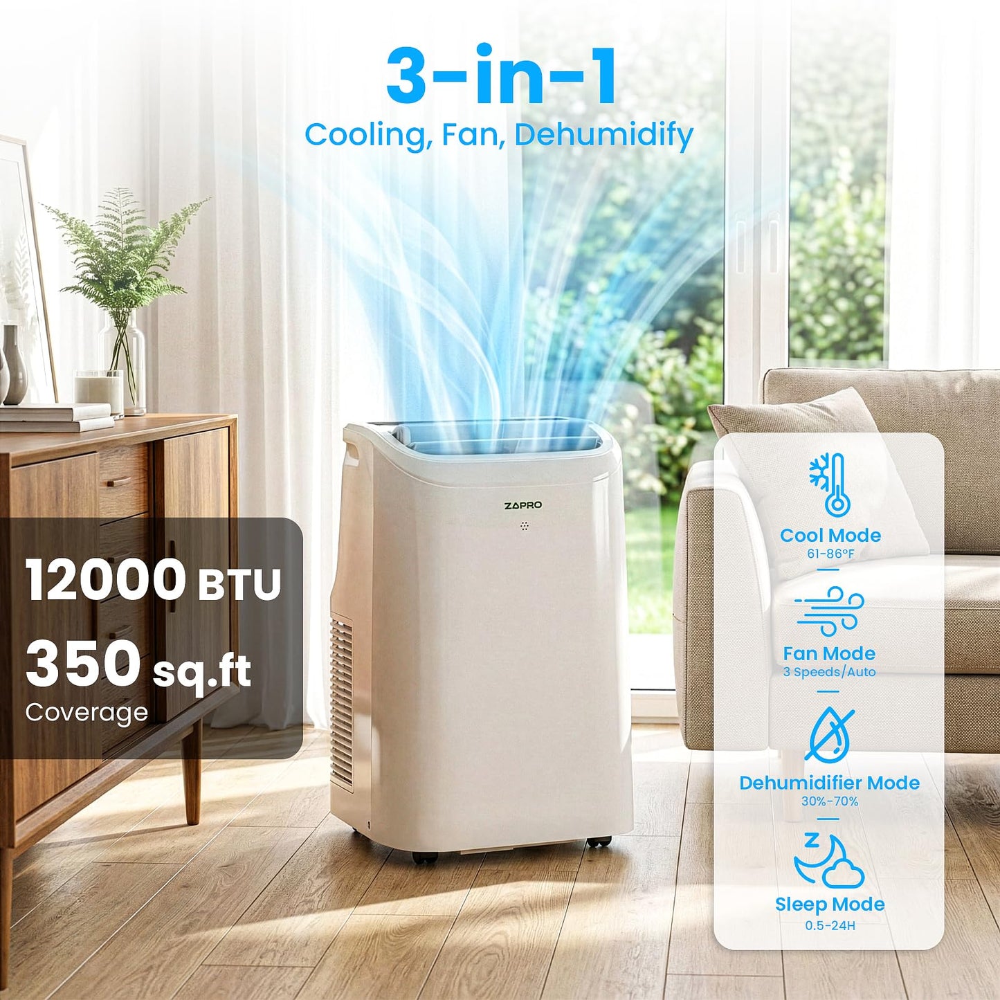 ZAFRO Portable Air Conditioners, 12000 BTU (8000 BTU SACC), Portable AC with Drainage-free Cooling, Fan & Dehumidifier, Smart AC Unit with APP/Remote, 47dB Quiet, 24H Timer for Living Room, Bedroom