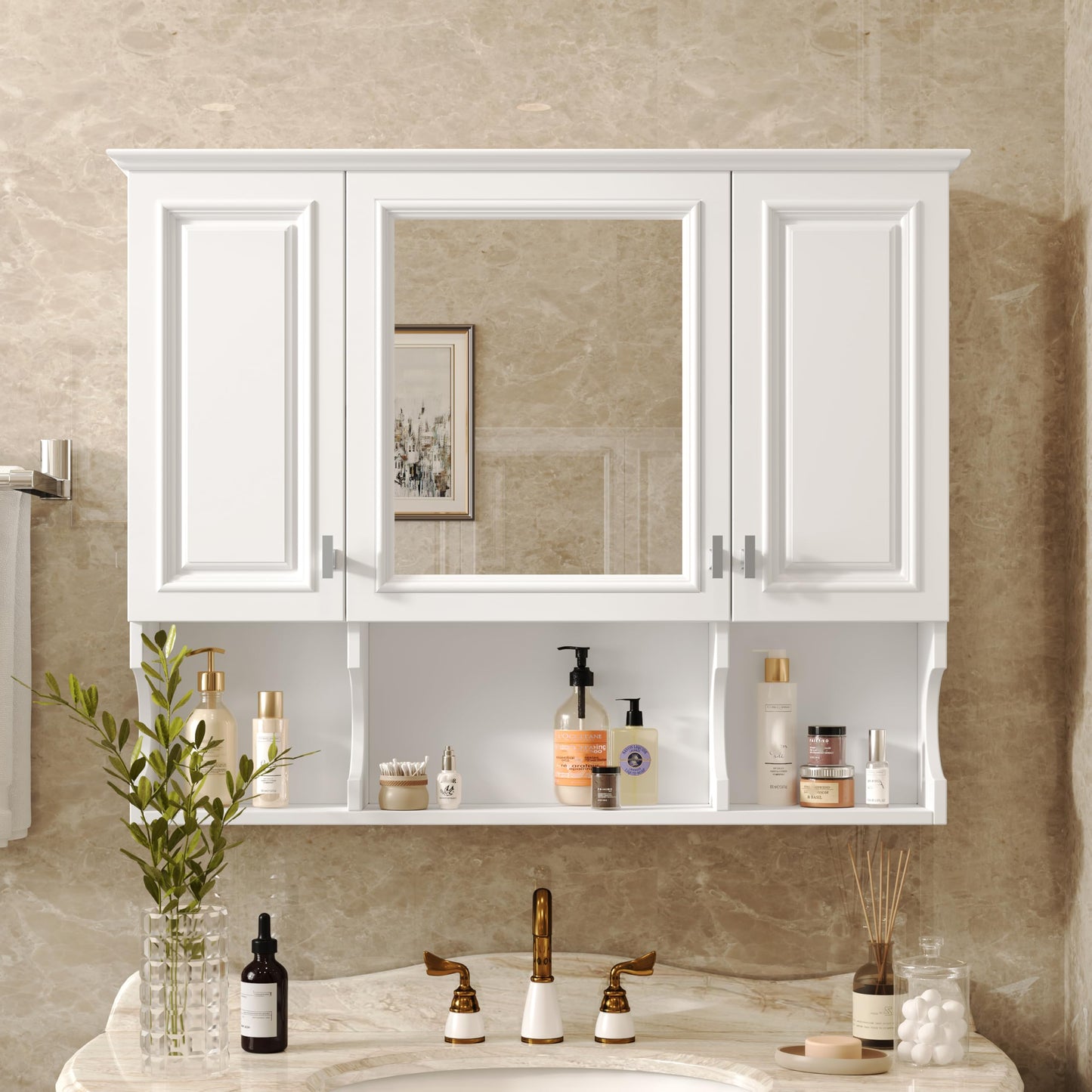 Merax Bathroom Wall Cabinet with Mirror, Wall Mounted Medicine Cabinet with Adjustable Shelves and Open Spaces, 35" x 28" Mirrored Door Over The Toilet Bathroom Storage Cabinet