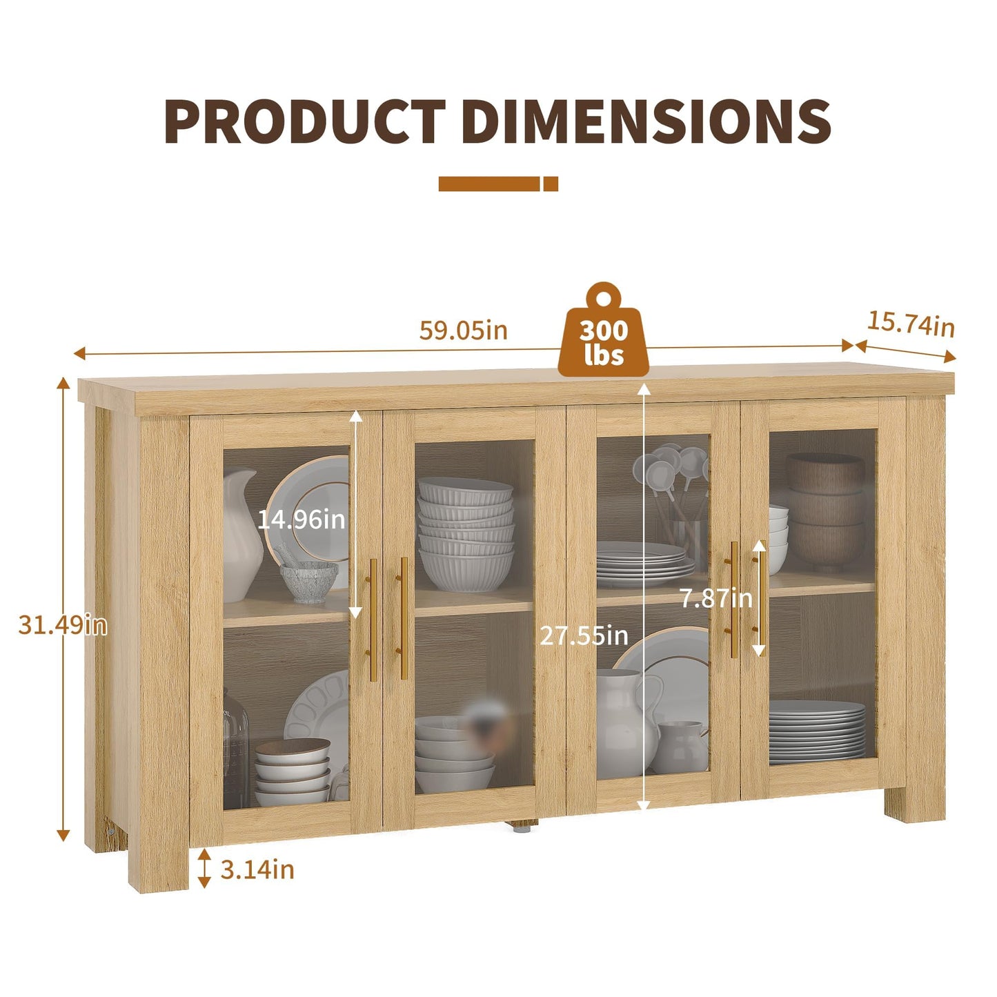 IDEALHOUSE 59" Buffet Cabinet with Storage, Modern Sideboard Credenza wit Tempered Glass Doors, Sturdy Media Console Coffee Bar Table for Living Room Kitchen Dining Room Natural