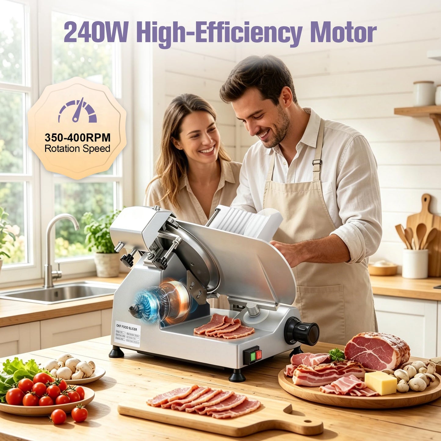 OKF Meat Slicer, 10 Inch Commercial Meat Slicer, 240W Meat Slicer Machine, Heavy-Duty Slicer Machine, Premium Chromium-plated Steel Blade, Deli Slicer for Meat, Cheese, Semi-Frozen Foods