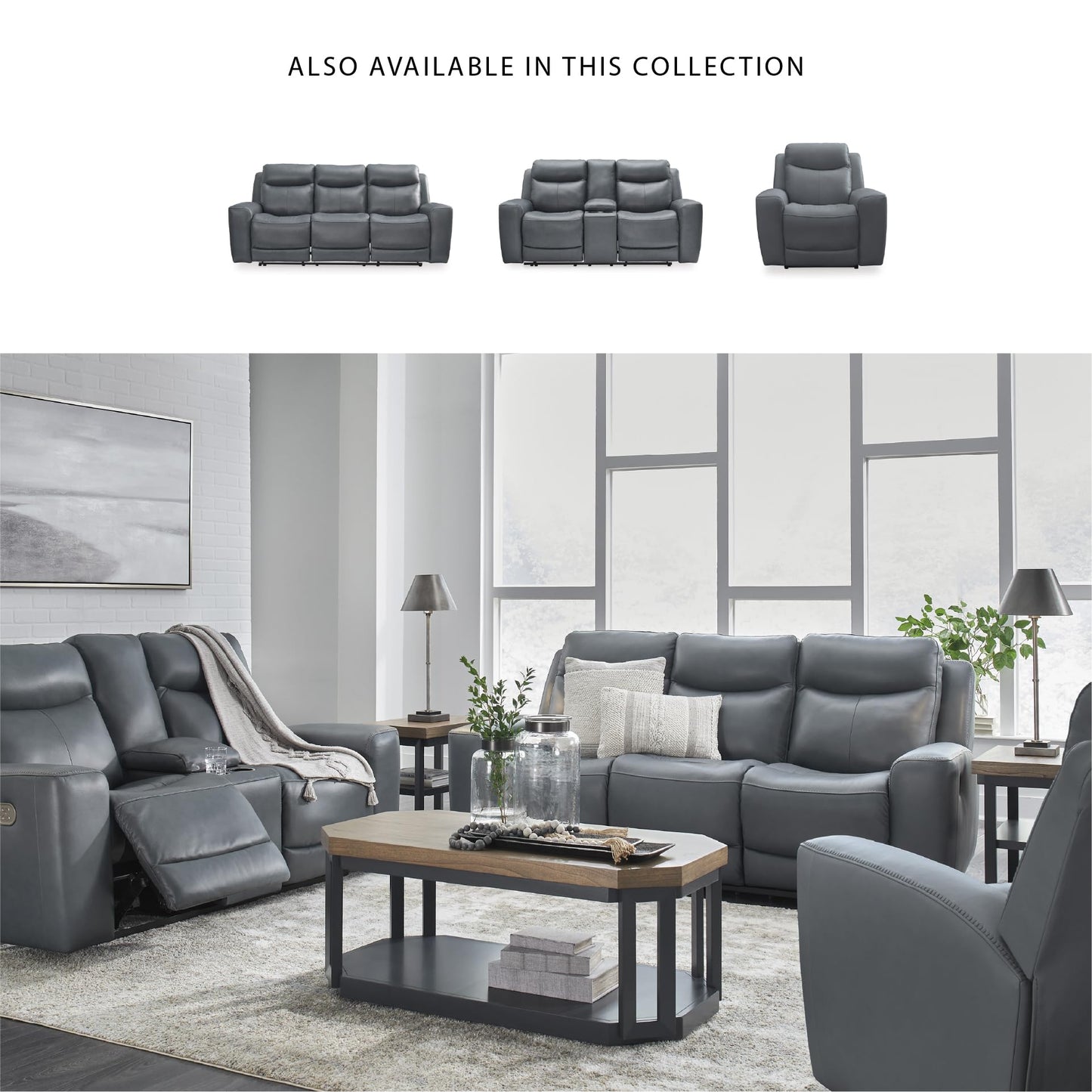 Signature Design by Ashley Mindanao Contemporary Leather Match Upholstered Power Recliner with Adjustable Headrest, Gray