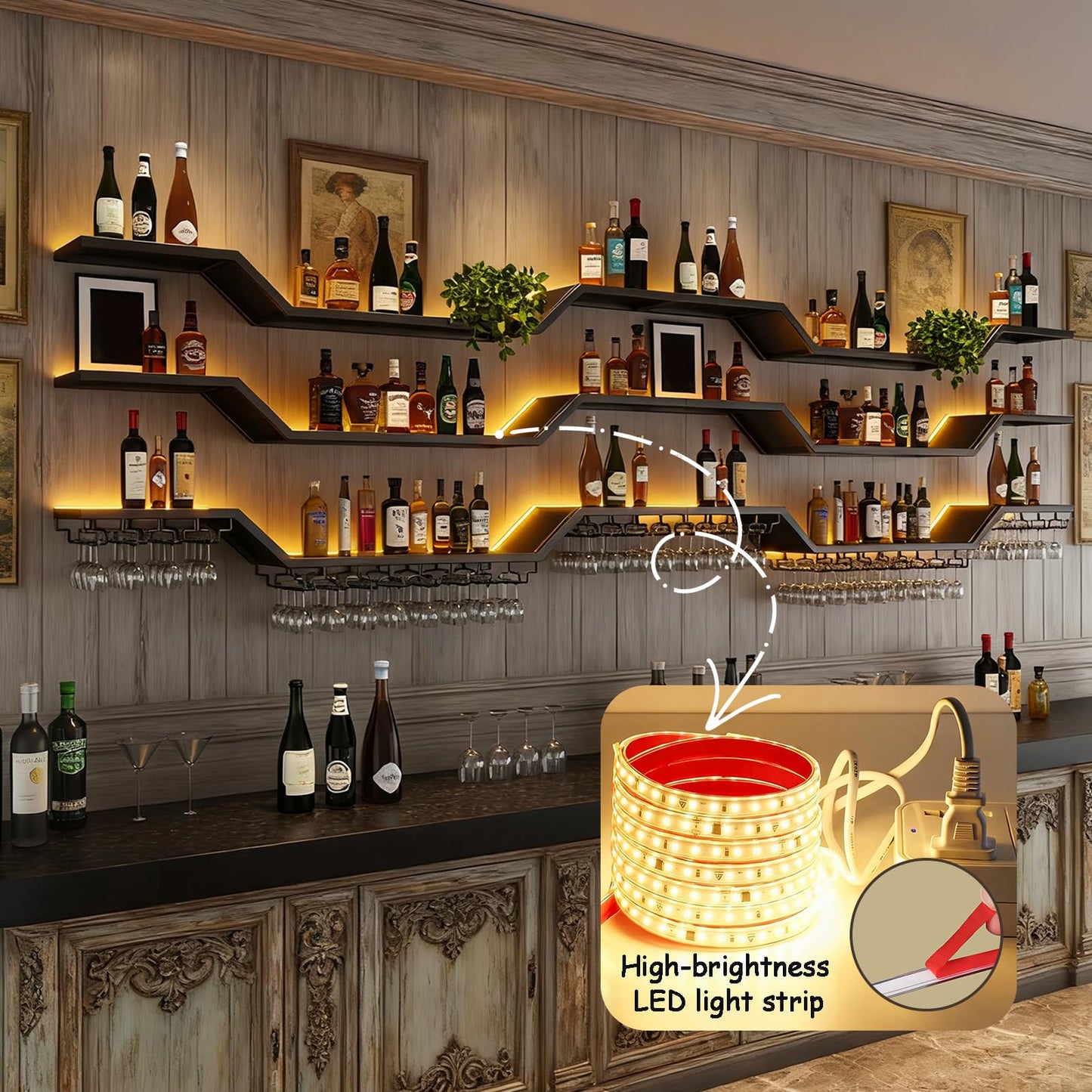 [Fully Assembled] 63" Modern LED Wine Rack Wall Mounted - No Assembly Needed 3-Tier Floating Bar Shelves with Wine Glass Rack & Hanging Liquor Shelf, for Home Bar Dining Room Cafe (Black, 63in/160cm)