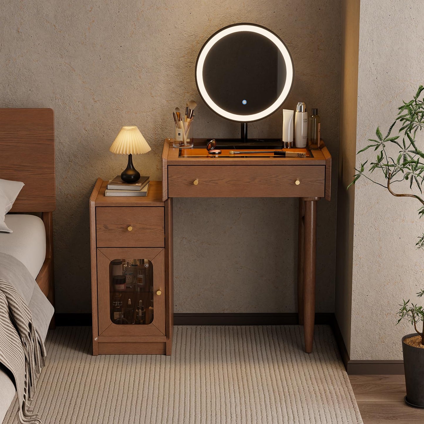 Luxury 100% Solid Wood Vanity Desk with Mirror, Mid-Century Modern Makeup Table with Glass Top & Ambient Light, 2-in-1 Vanity and Nightstand with Storage Cabinet for Bedroom ([Walnut] Desk + Mirror)