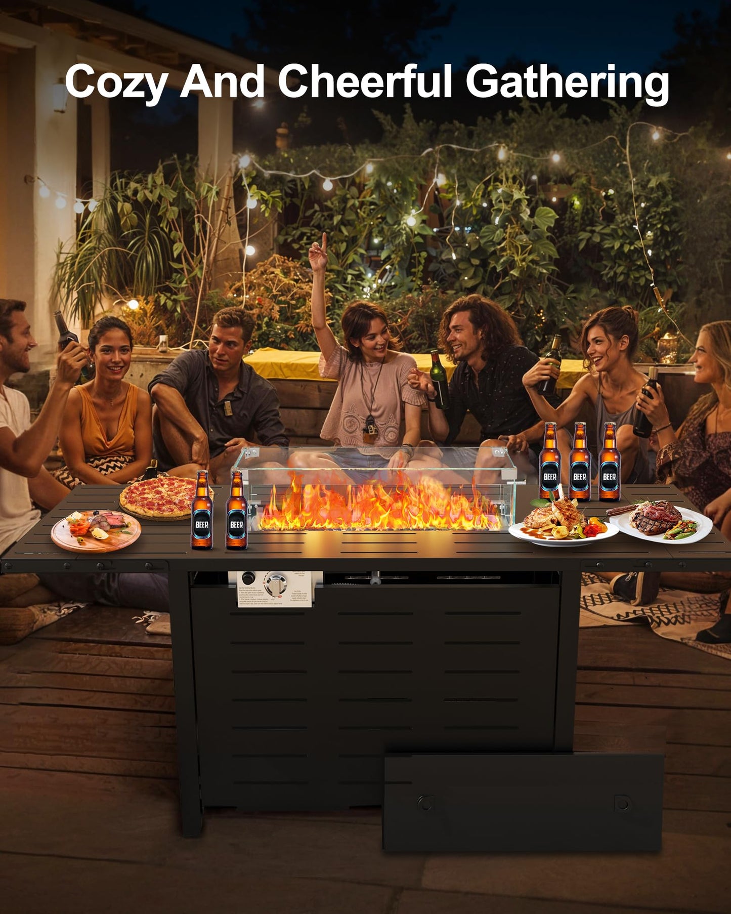 Hipicute 55" Outdoor Propane Fire Pit Table, 48,000 Btu Lp Gas Rectangular Fire Table with Ignition Systems and Lid,Outdoor Firetable with Glass Rocks for Patio Deck Garden Backyard