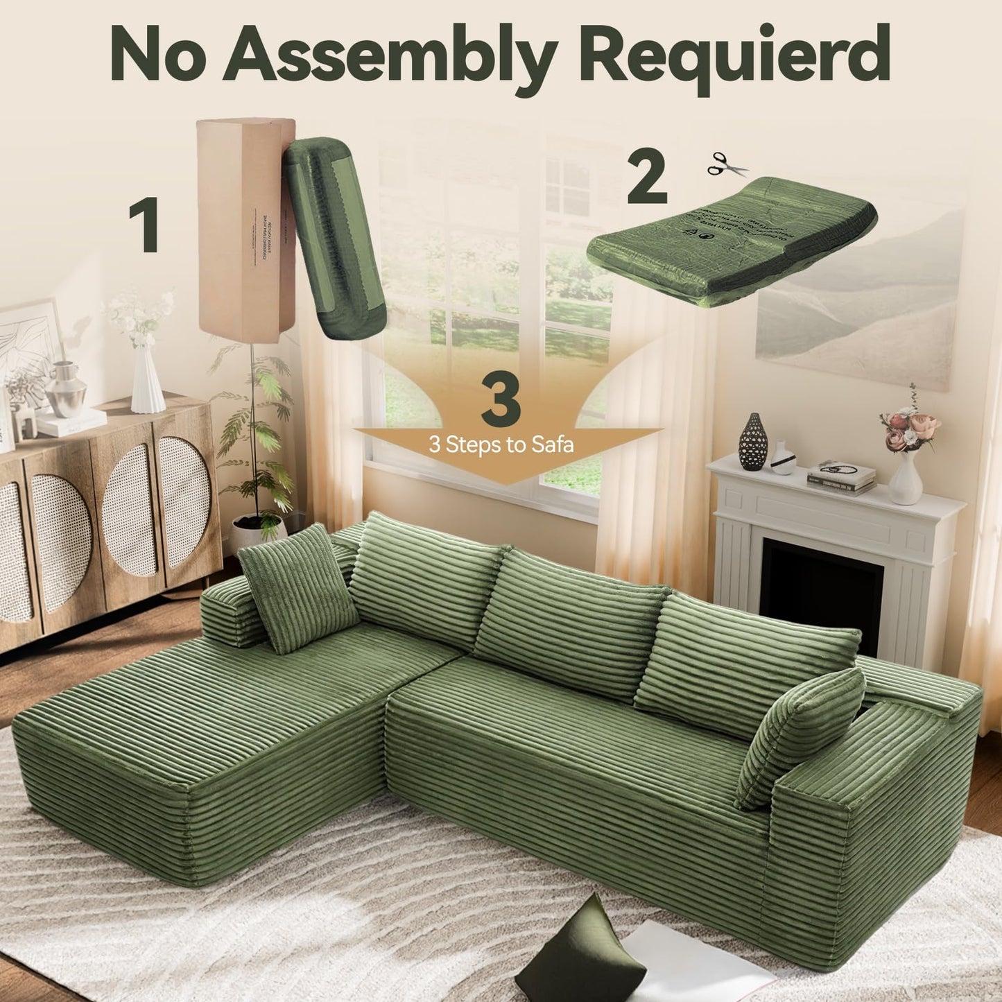 TRUNBACK 106" Modular Sectional Sofa, Green Corduroy Cloud Couch with Right Chaise, Deep Seat Boneless Floor Sofa for Living Room, High-Resilience Foam Support, No Assembly Required, Includes Pillows