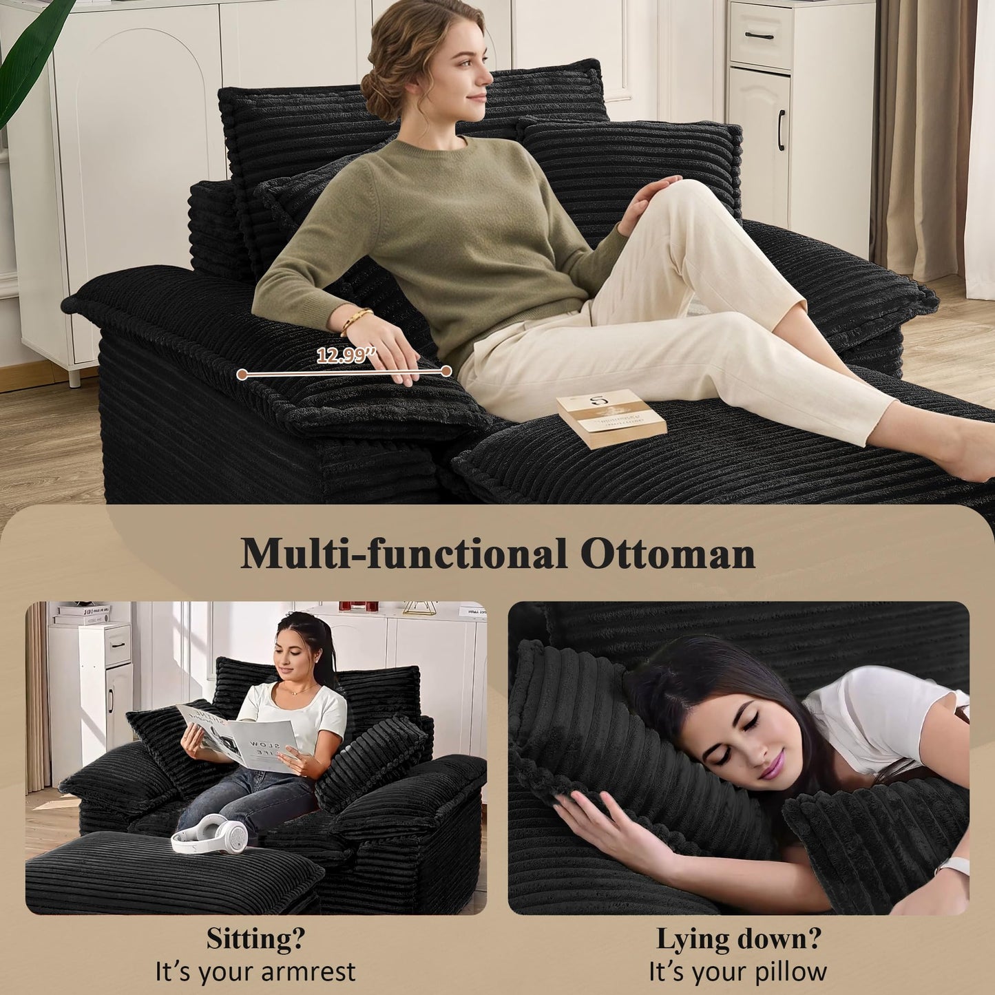 KEIKI 63" Oversized Modular Sofa Chair Bed with Ottoman, Deep Seat Cloud Couch Sleeper, Convertible 1-Seater Sectional Sofa, No Assembly Corduroy Couch for Flexible Living Spaces