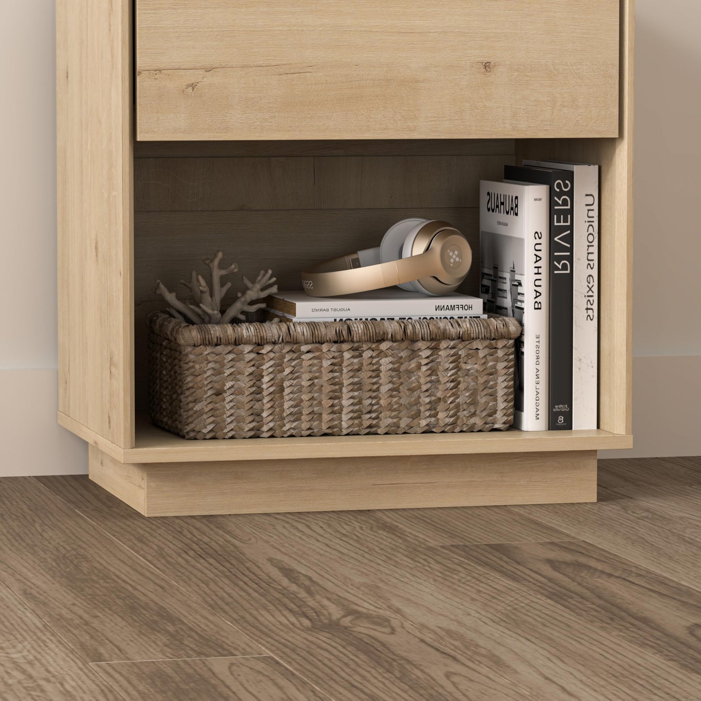 MoomJiee Farmhouse End Side Table Set of 2 Modern Wood Nightstands Bedside Cabinet with Storage Drawer and Open Shelf for Bedroom, Living Room, Light Oak