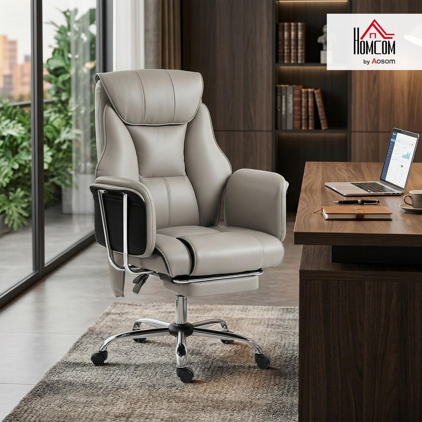 HOMCOM Massage Office Chair with 6-Point Vibration, Overstuffed Reclining Desk Chair with High Back, PU Leather, Footrest, Thick Spring Cushion, Lumbar Support, Grey