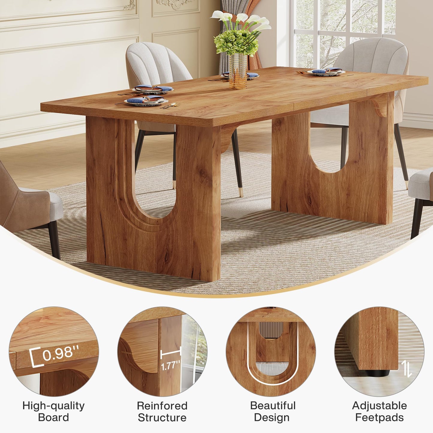 Tribesigns Modern Dining Table for 6 to 8 People, 71" Large Kitchen Dining Table with Wood Pedestal Base, Rectangular Long Dinner Table for Kitchen, Dining Room, Living Room, Rustic Brown