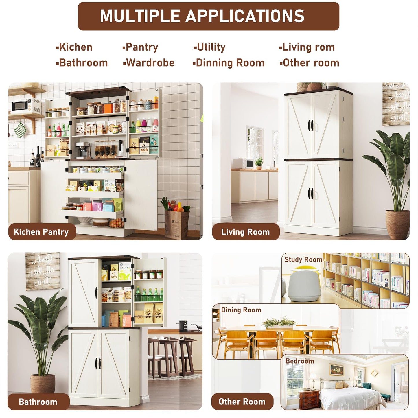 Farmhouse Kitchen Pantry Cabinet with 3 Drawers,71" Tall Rustic Wood Storage Cabinet with 6 Door Shelves,with Load-Bearing Steel Pipe,Pantry Organizers for Kitchen,Dining Room(Rustic Off White)