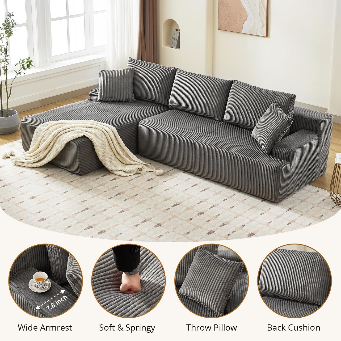 Cloud Boneless L-Shape Couch 108" Modern Sectional Comfy No Assembly Required Sleeper Modular Sofa with Corduroy Fabric Deep Seat Loveseat + Chaise Lounge Chair for Living Room