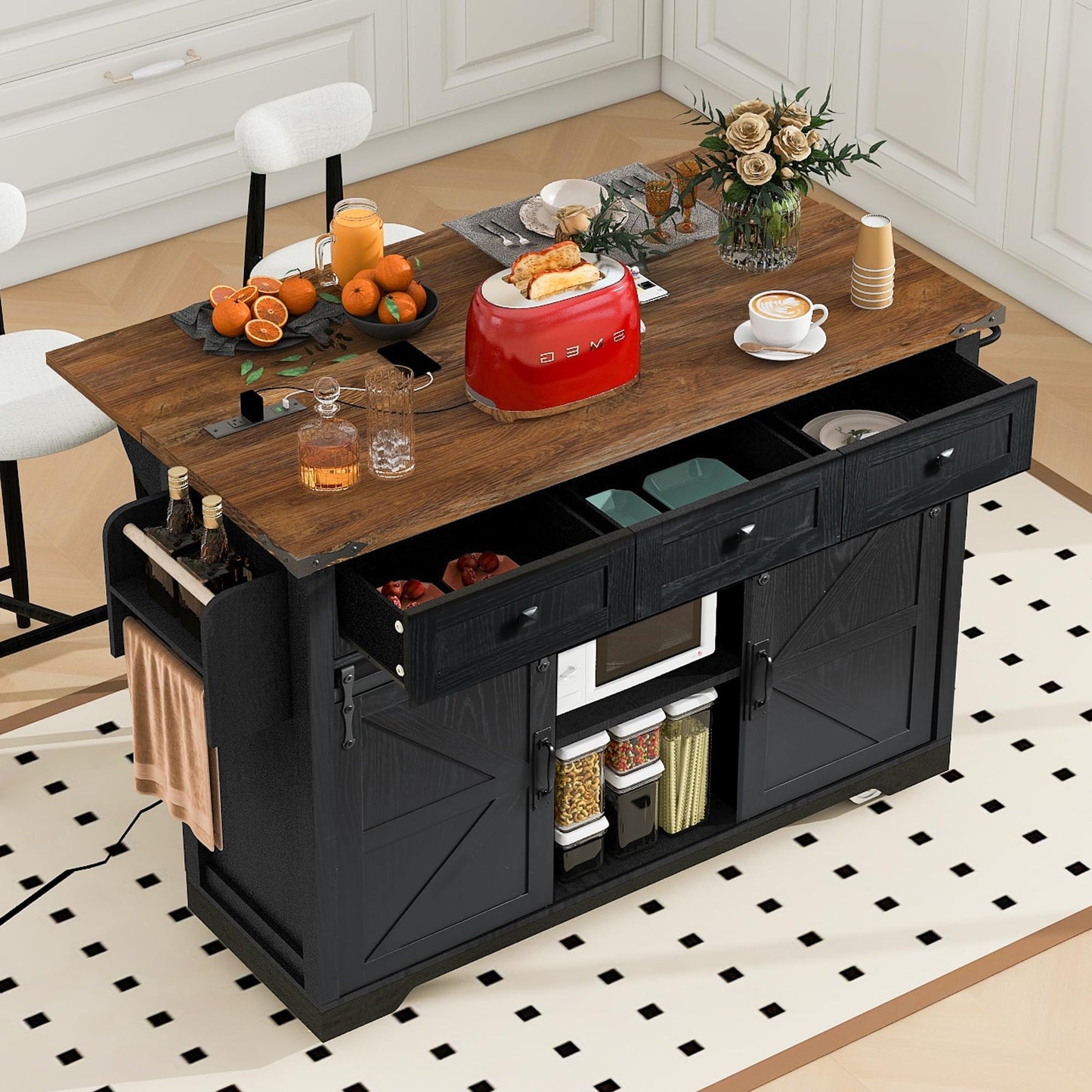YOPTO Farmhouse Kitchen Island Cart With Power Outlet & 2 Sliding Barn Doors, Rolling Storage Island W/Drop Leaf Spice Rack and 5 Universal Wheels, for Home and Dining Room, Black, 53.7"