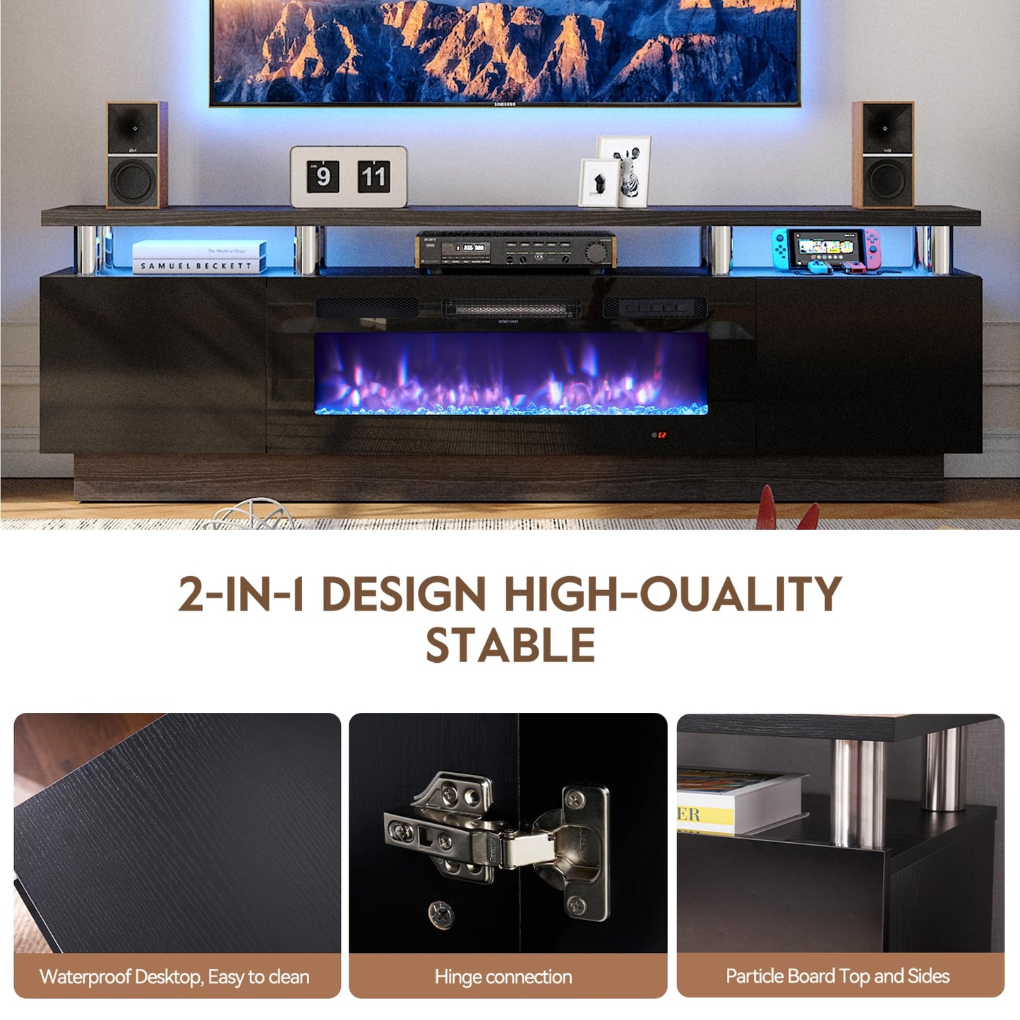 OneBlis 80" Fireplace TV Stand for TVs UP to 90", Electric Fireplace Entertainment Center with LED Lights & Storage Cabinets, TV Console for Living Room, Office, Black-Black