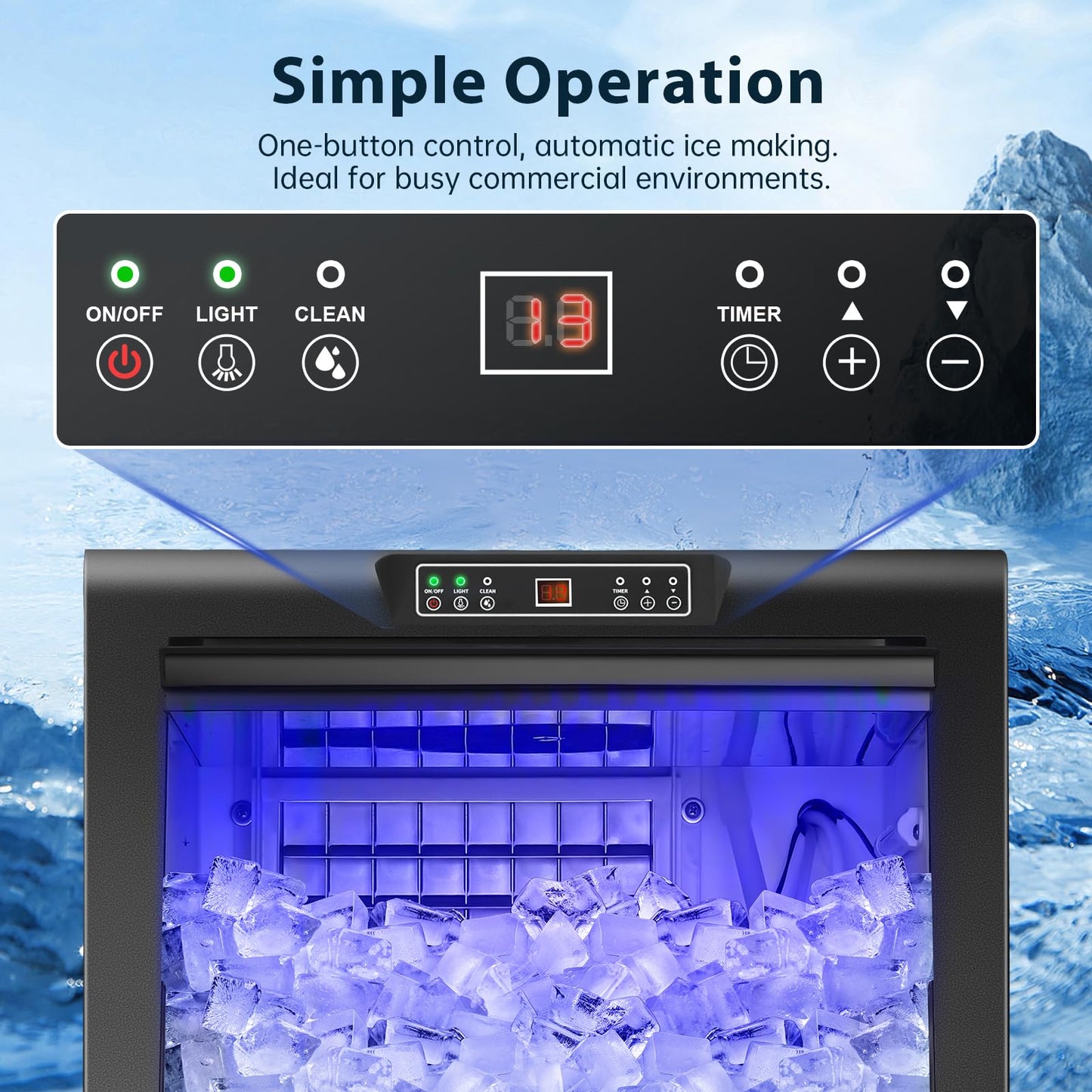 Zomagas Commercial Ice Maker 150lbs/24H, Ice Maker Machine with 50lbs Ice Storage, Self-Cleaning, LED Digital Display, Blue Light, Under Counter/Freestanding Ice Machine for Home Bar Restaurant