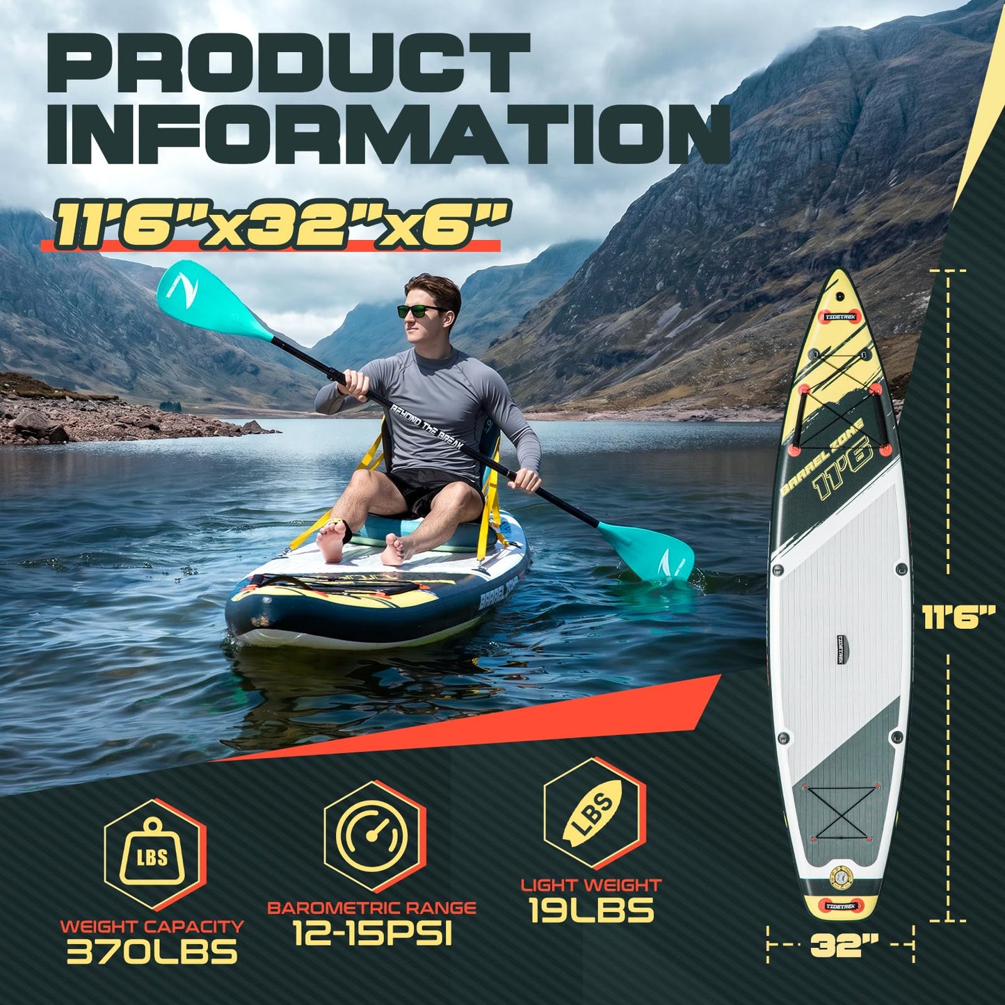 TIDETREK 11'6" Inflatable Stand Up Paddle Boards, Premium SUP Accessories, Non-Slip Comfort Deck for Youth & Adults (Royal Teal/Kayak Seat)