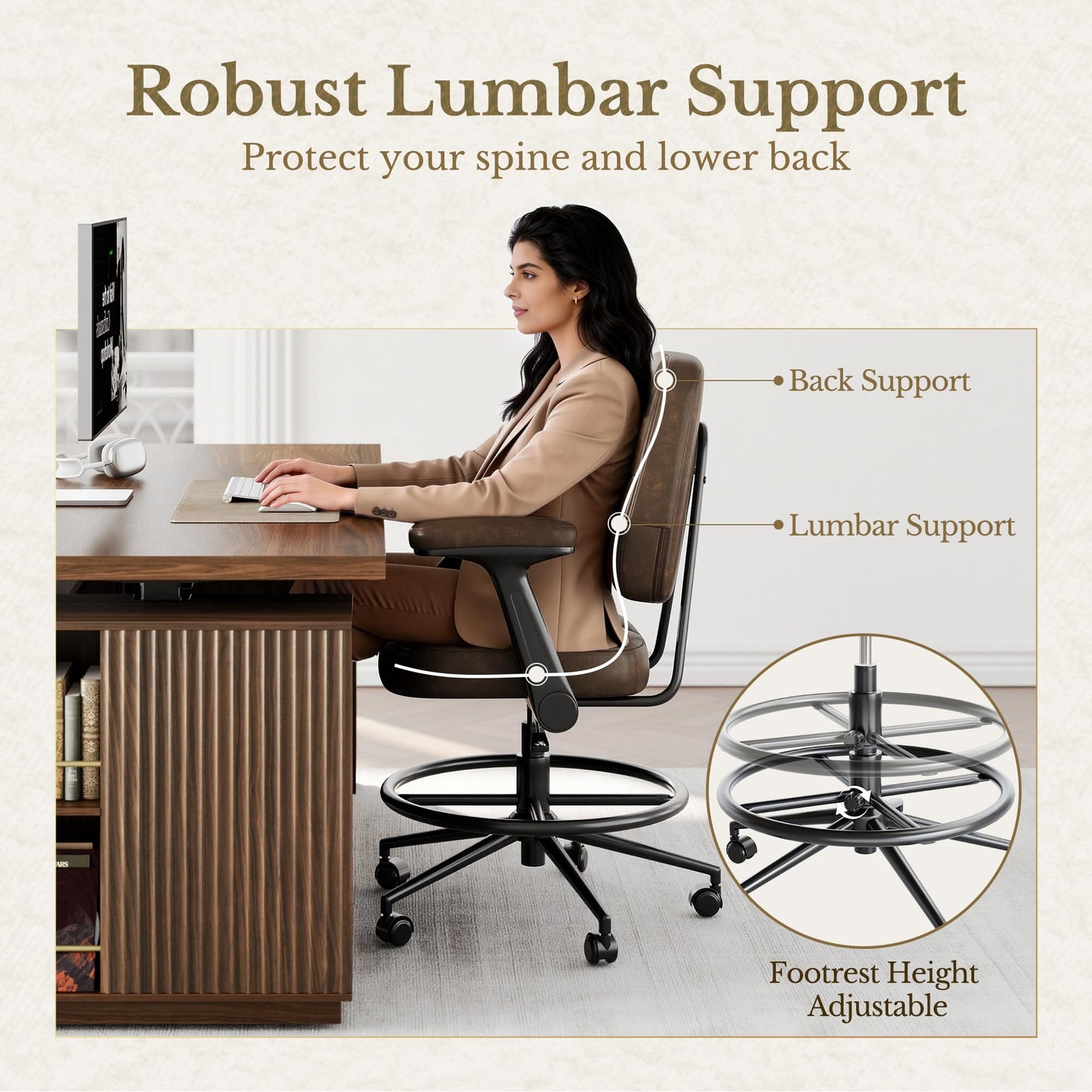 Perledesign Drafting Executive Chair, Tall Office Chair with Padded Flip-Up Armrests, Mid-Back Cushioned Seat, 360° Swivel Rolling Computer Desk Chair for Standing Desk & Home Office, Vintage Brown