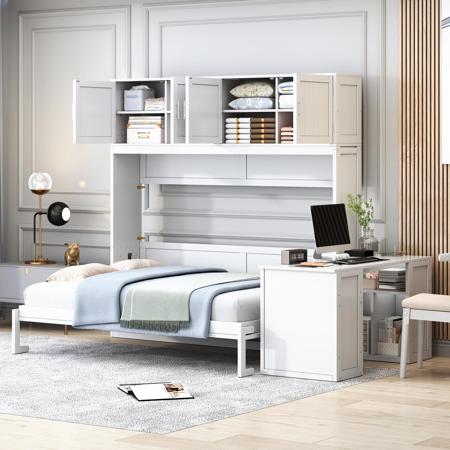 Merax Queen Size Wall Murphy Bed with Desk and Storage Shelves and Big Cabinets for Guest Room, Bed Room, Guest Room, Home Office, White