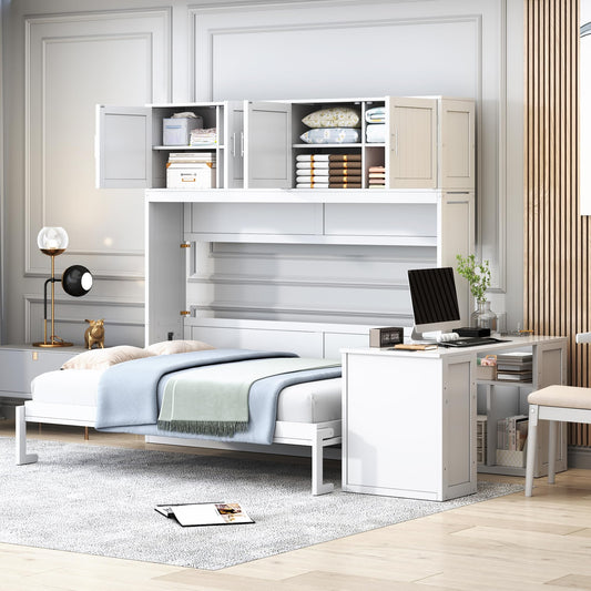 Merax Queen Size Wall Murphy Bed with Desk and Storage Shelves and Big Cabinets for Guest Room, Bed Room, Guest Room, Home Office, White