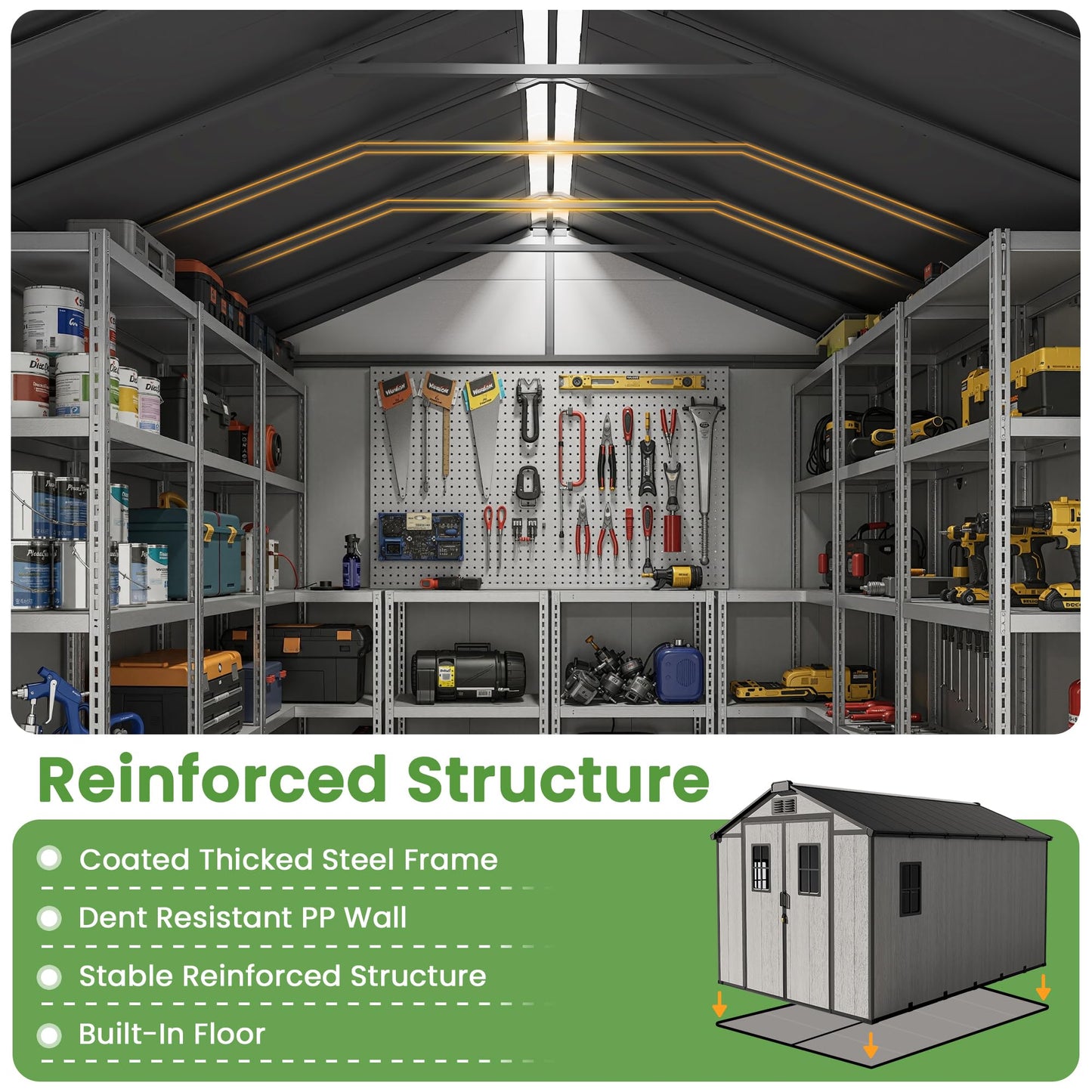 8X12 Large Outdoor Storage Shed with Floor,Waterproof Plastic Resin Garden Tool Shed,Walk in Backyard Utility Shed with Window Lockable Door for Outside Patio Lawn