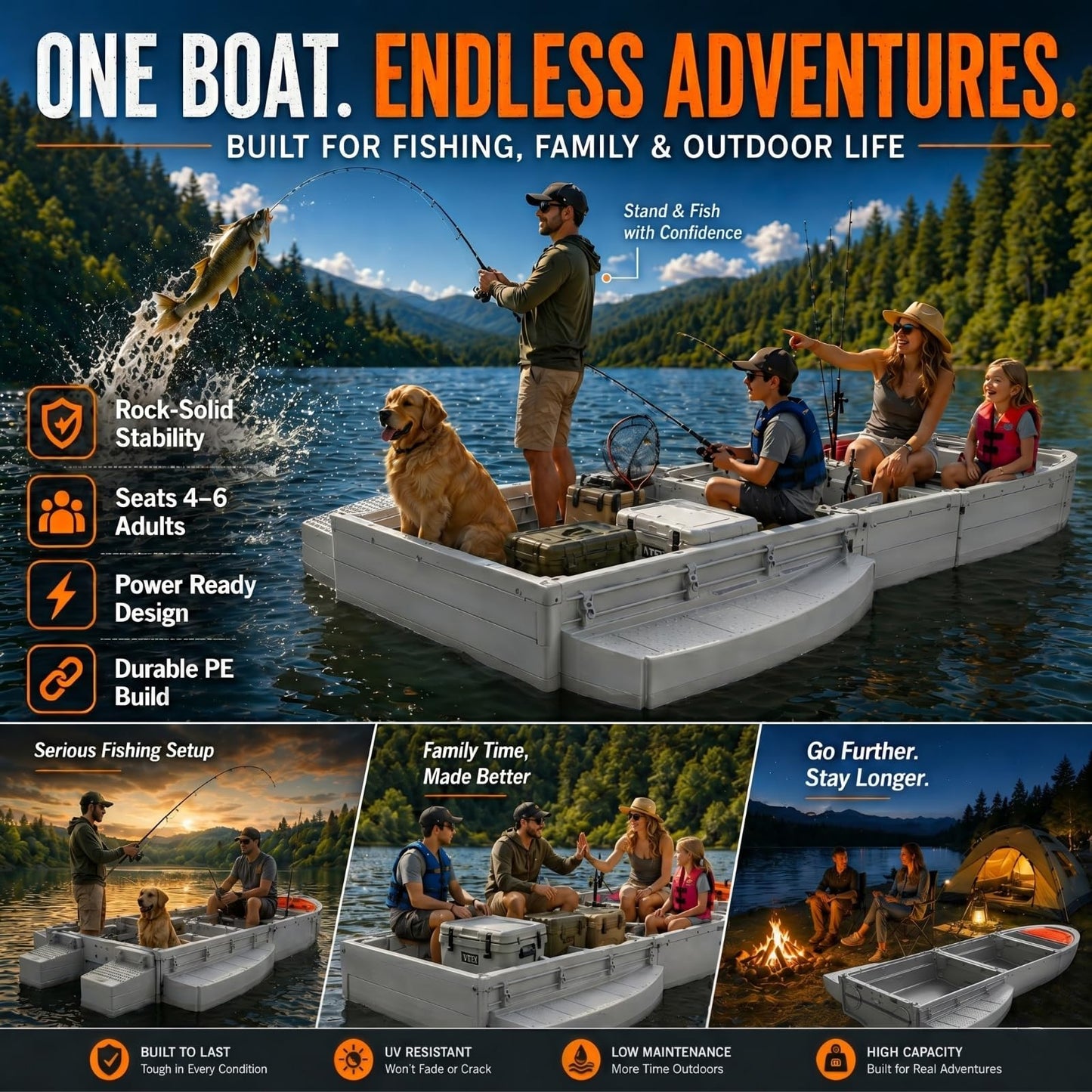 Artigree B1 Portable Boat, Upgraded Pontoon Boat - Modular Fishing Kayak with Integrated Fish Box, 1036 lb Load Capacity, 4-6 Persons - Suitable for Fishing, Rowing, Ferrying, Utility Work (Pro, Gray)